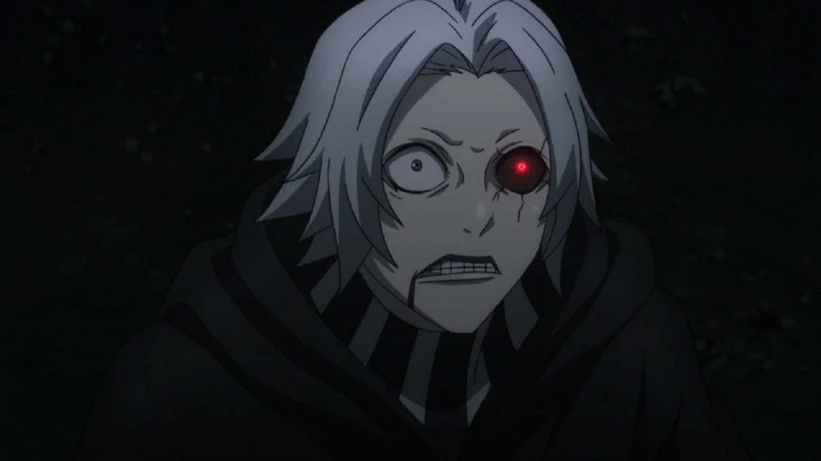 Seidou Takizawa 桌布 壁紙 — 一個白髮、一隻發光紅眼嘅動漫角色喺黑暗夜晚場景中強烈凝視。