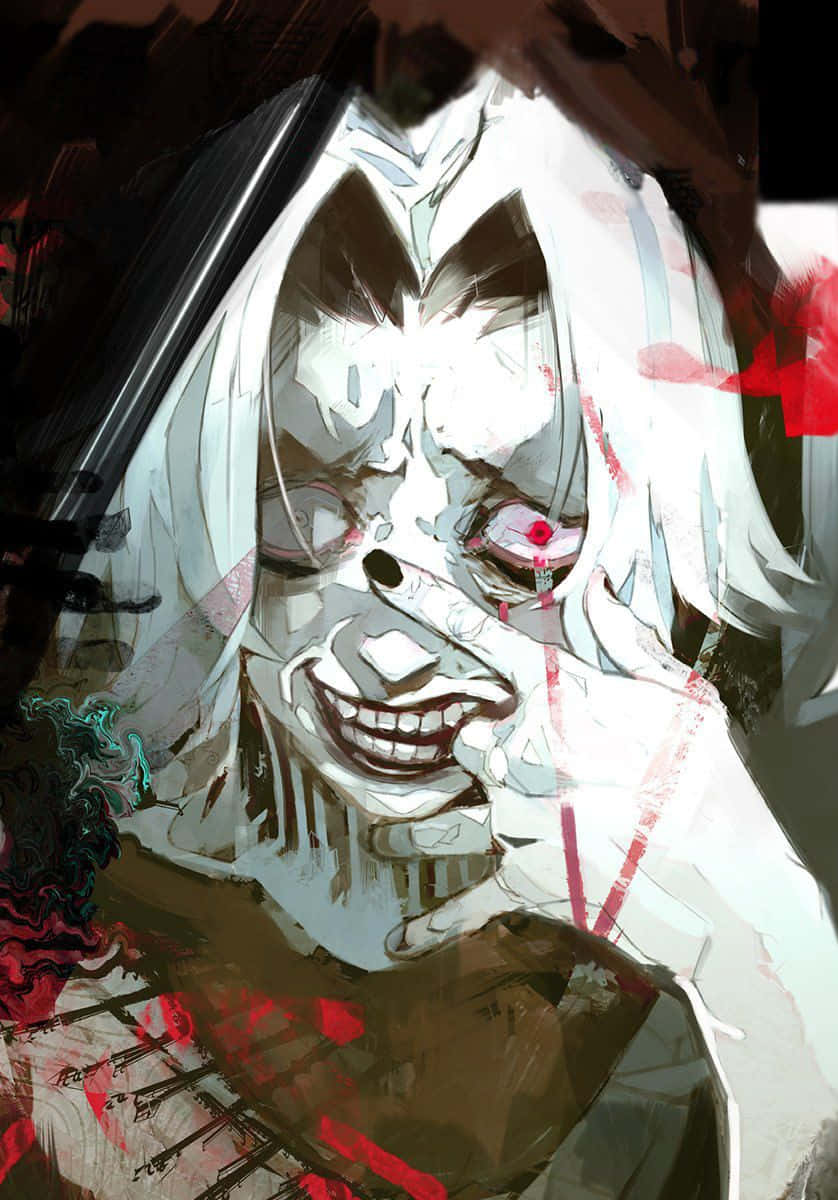 Seidou Takizawa 桌布 壁紙 — 一個白髮、咧嘴大笑的怪誕動漫角色，在帶有紅色飛濺的黑暗背景前握著一把刀。