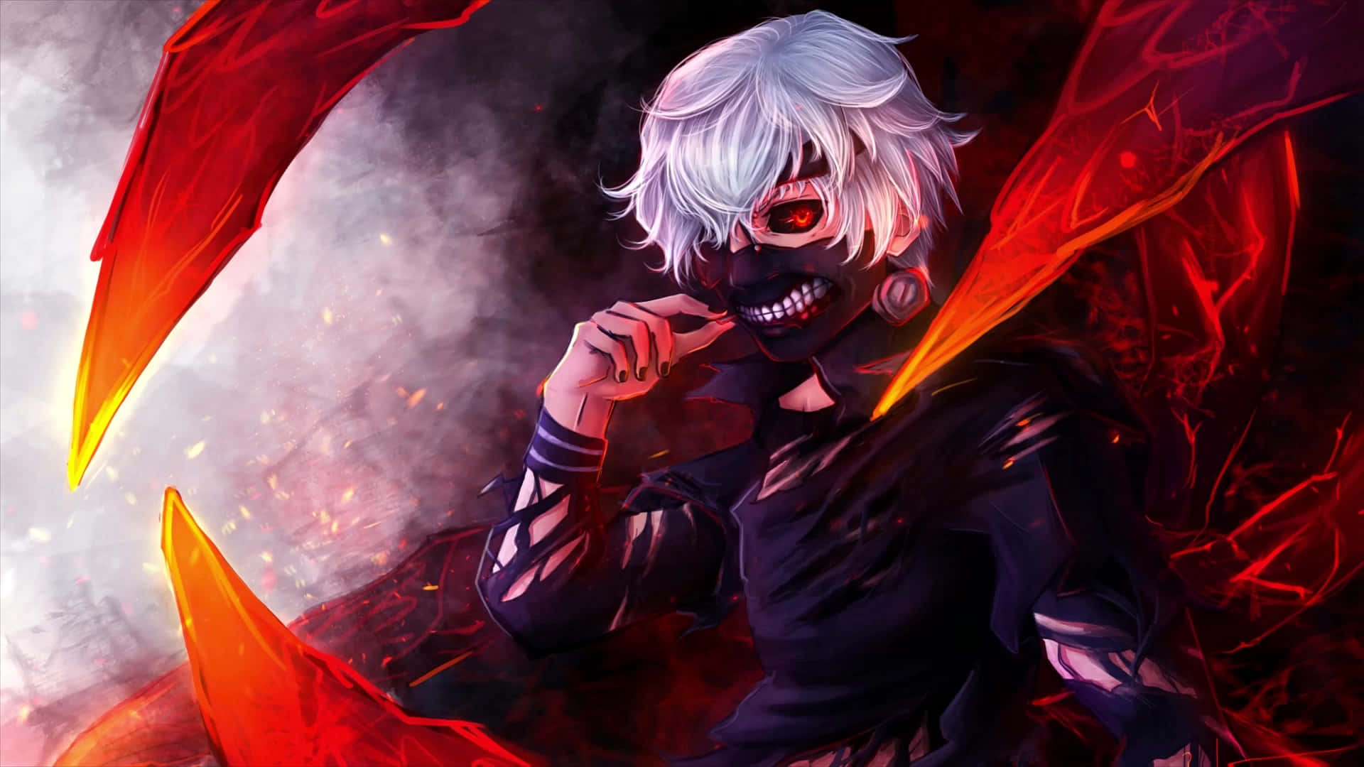 Urban Fantasy 桌布 壁紙 — 一個白髮、戴黑色面具、紅眼睛的動漫角色，在煙霧繚繞的背景中揮舞著火紅的刀刃。