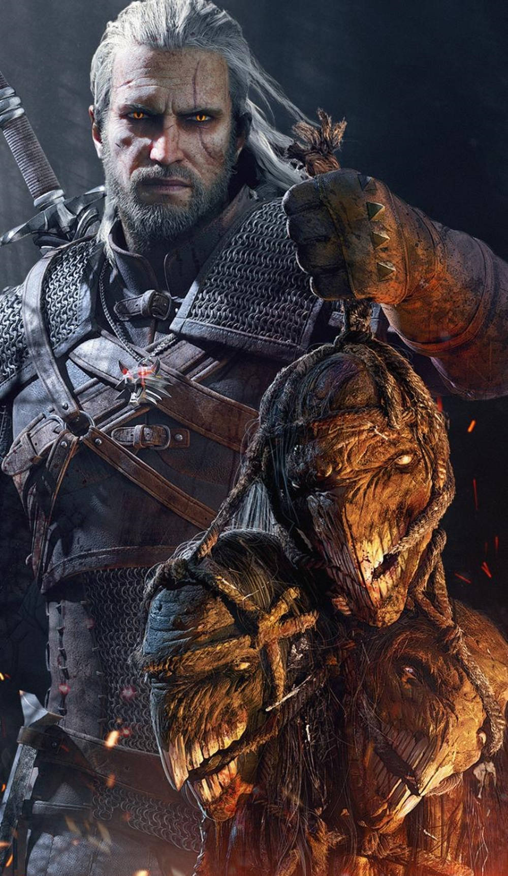 video games 桌布 壁紙 — 一個白髮、眼睛發光的陰沉戰士，在黑暗煙霧繚繞的背景中，抓著一個怪物的斷頭頭髮。