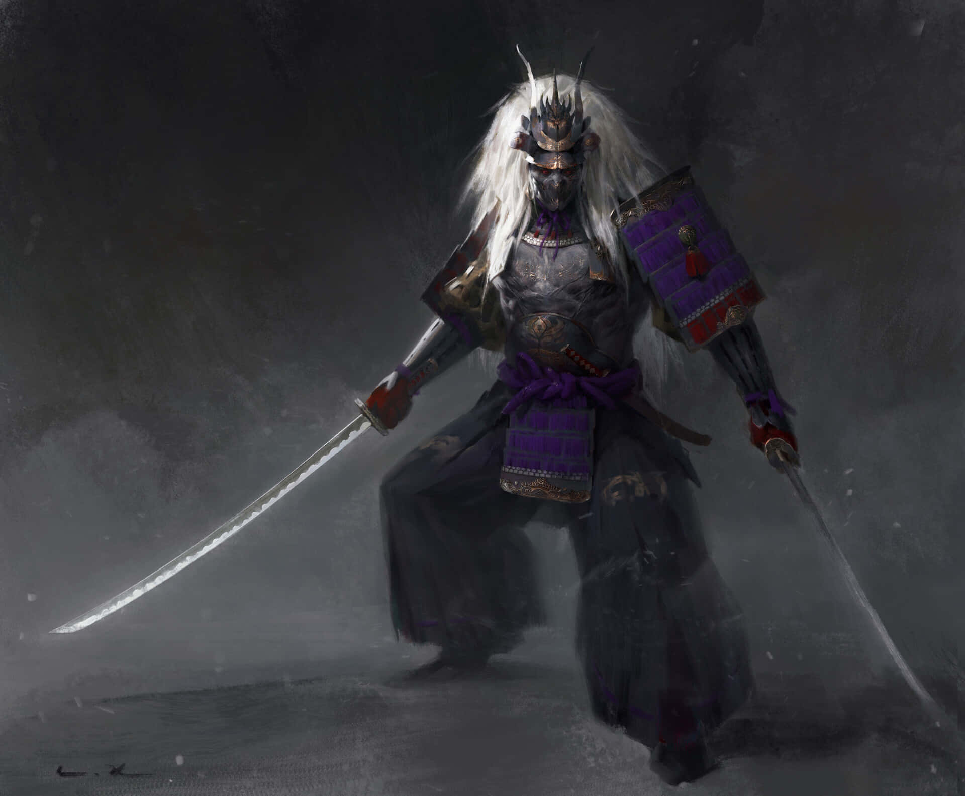 Samurai Armor 桌布 壁紙 — 一個白髮、身穿華麗盔甲的威猛武士，在迷霧籠罩的黑暗戰場上手持雙刀，蓄勢待發。