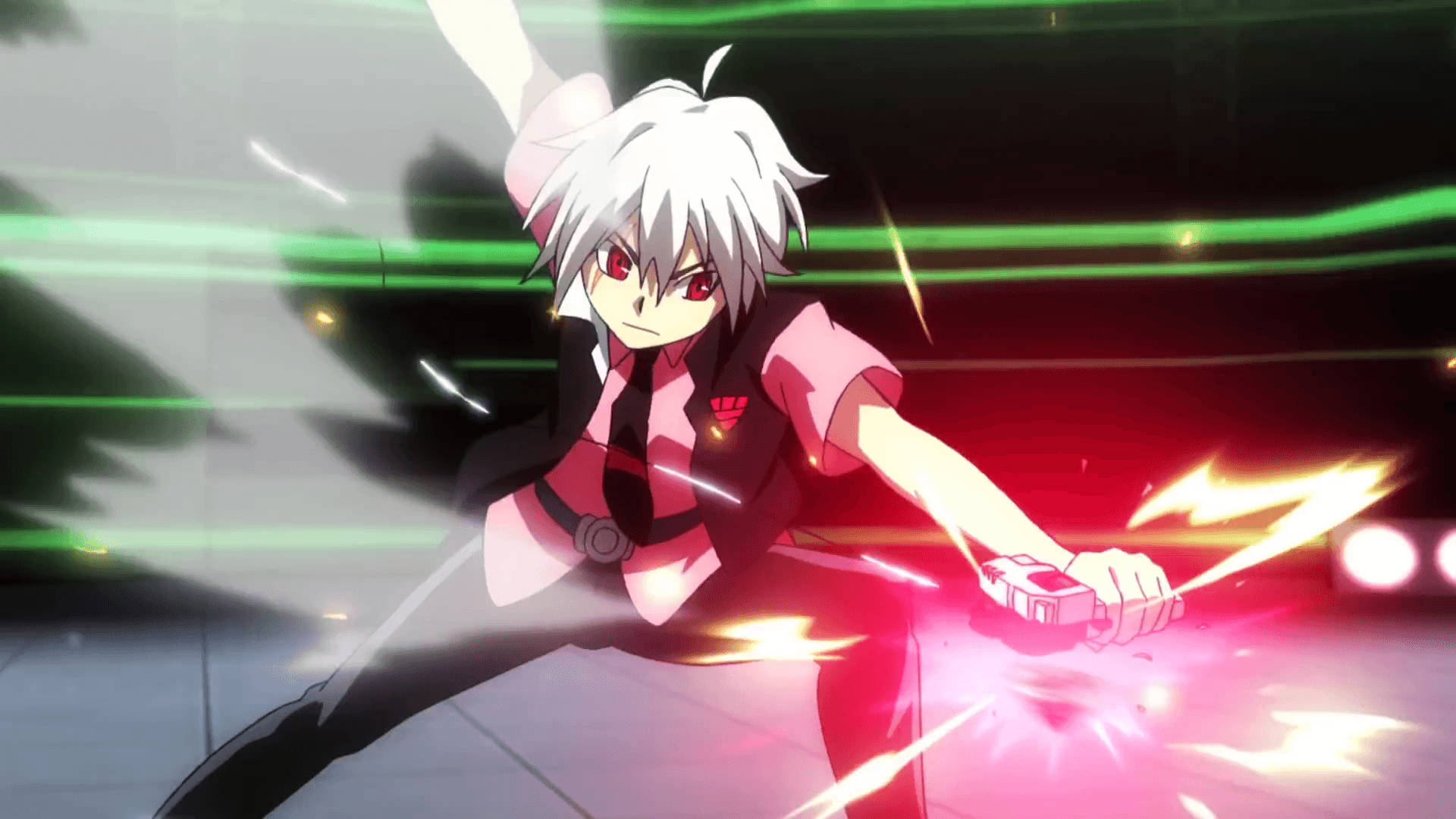 Beyblade Burst Shu Kurenai 壁紙 — 一個白髮動漫男孩穿著粉紅色服裝，在帶有綠色光條的黑暗背景前，專注地釋放出發光的紅色能量衝擊波。