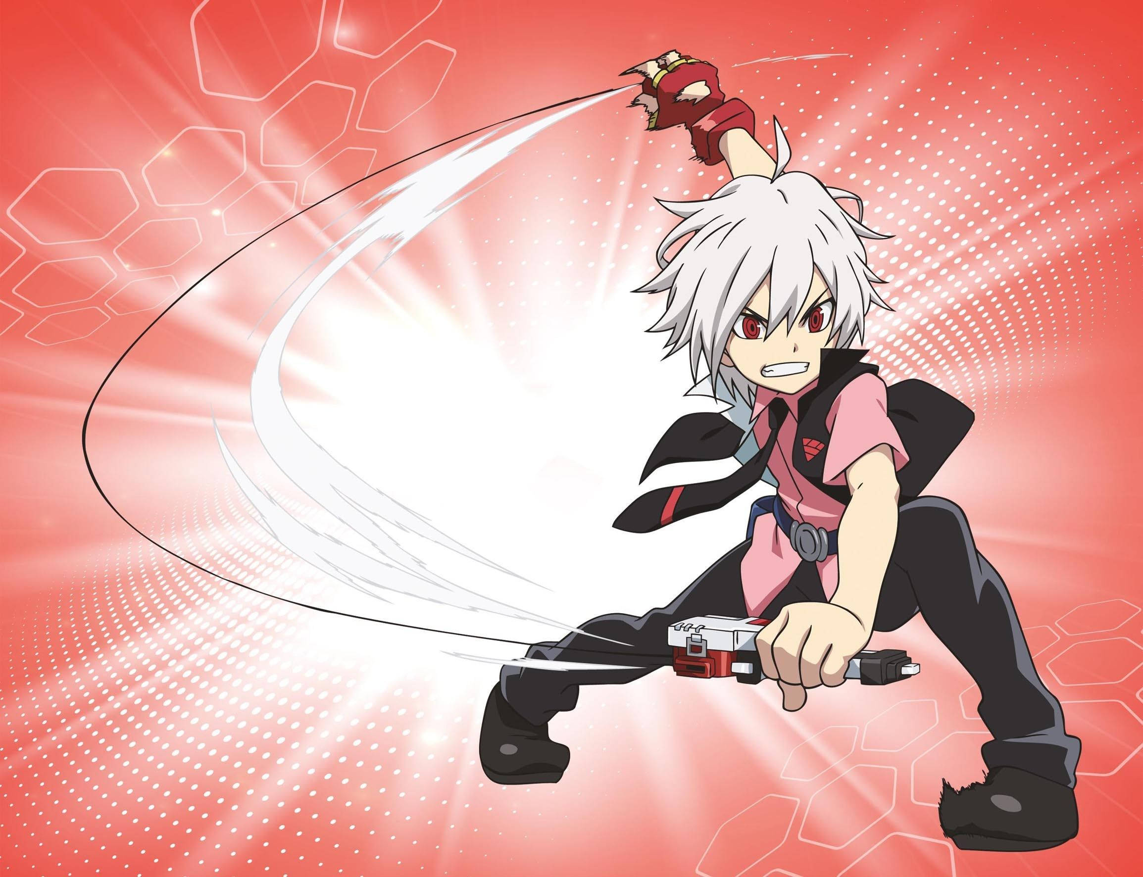 Beyblade Burst Shu 壁紙 — 一個白髮動漫男孩身穿粉紅和黑色裝備，在帶有六邊形圖案的鮮紅色背景上揮舞著發光的劍。