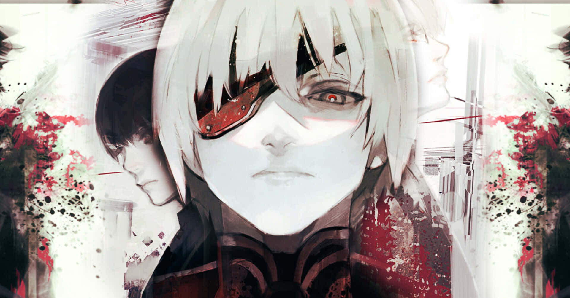Sui Ishida 桌布 壁紙 — 一個白髮動漫角色戴著紅色眼罩，在濺滿紅色和白色的背景前凝視著。