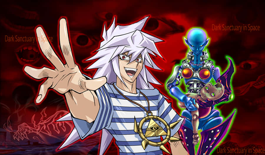 Yami Bakura 桌布 壁紙 — 一個白髮動漫角色穿著條紋襯衫，在深紅色宇宙背景前，在一個發光的藍色機械生物旁邊向前做手勢。