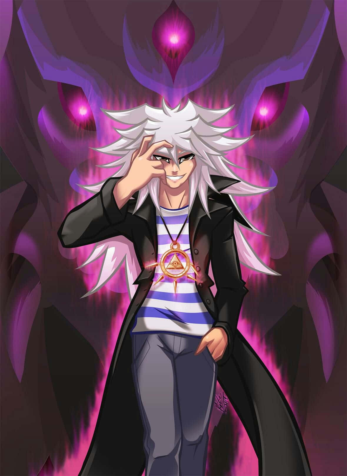 Yami Bakura 桌布 壁紙 — 一個白髮動漫角色穿著黑色外套和條紋襯衫，自信地站著，身後有發光的紫色眼睛和神秘的靈氣。