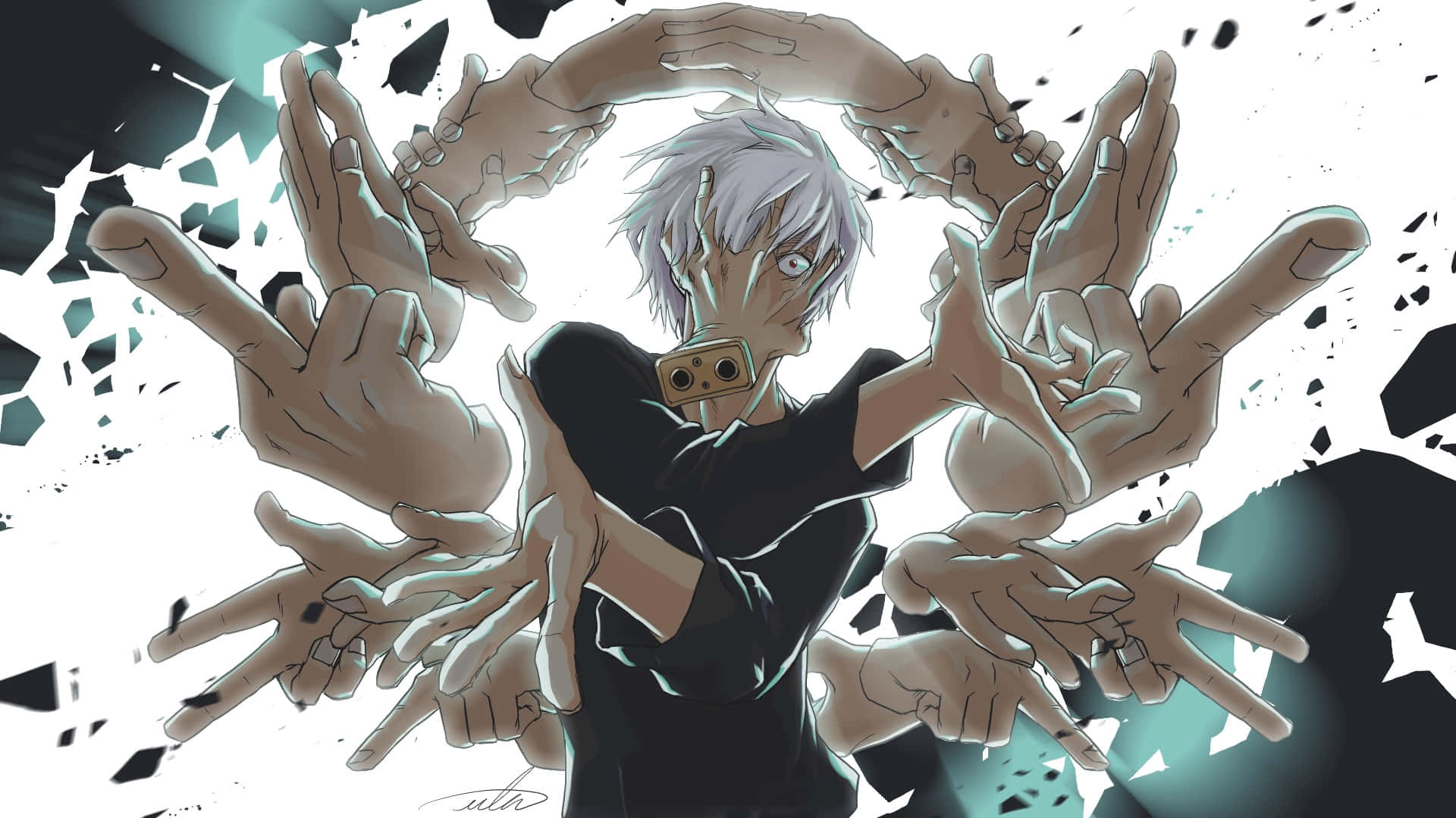 Tomura Shigaraki 桌布 壁紙 — 一個白髮動漫角色穿著黑色襯衫，被多隻手圍成一個圓圈，背景破碎。