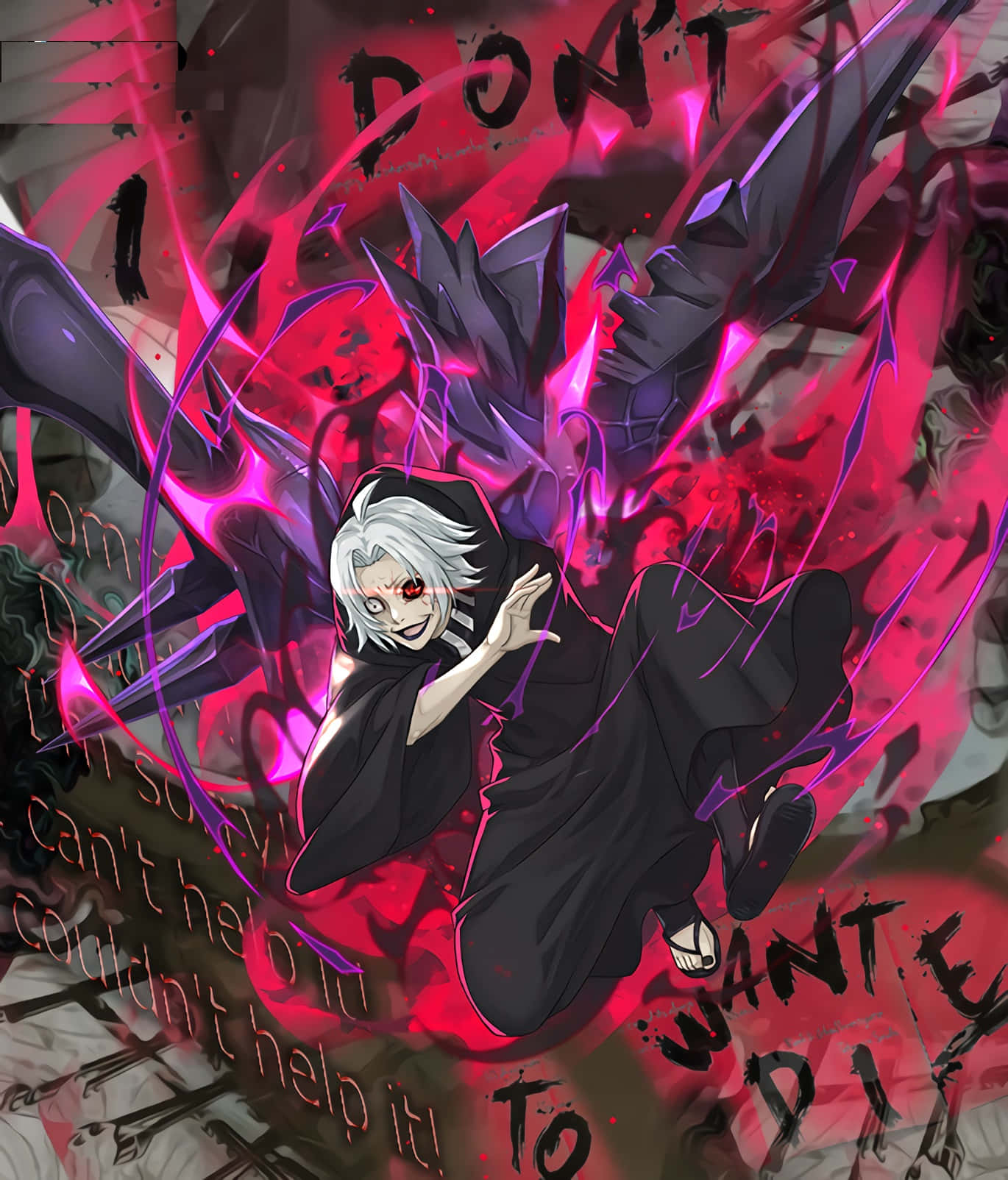 Seidou Takizawa 桌布 壁紙 — 一個白髮動漫角色身穿黑色長袍，在旋轉的紅色和紫色能量與混亂文字中露出威脅的笑容。
