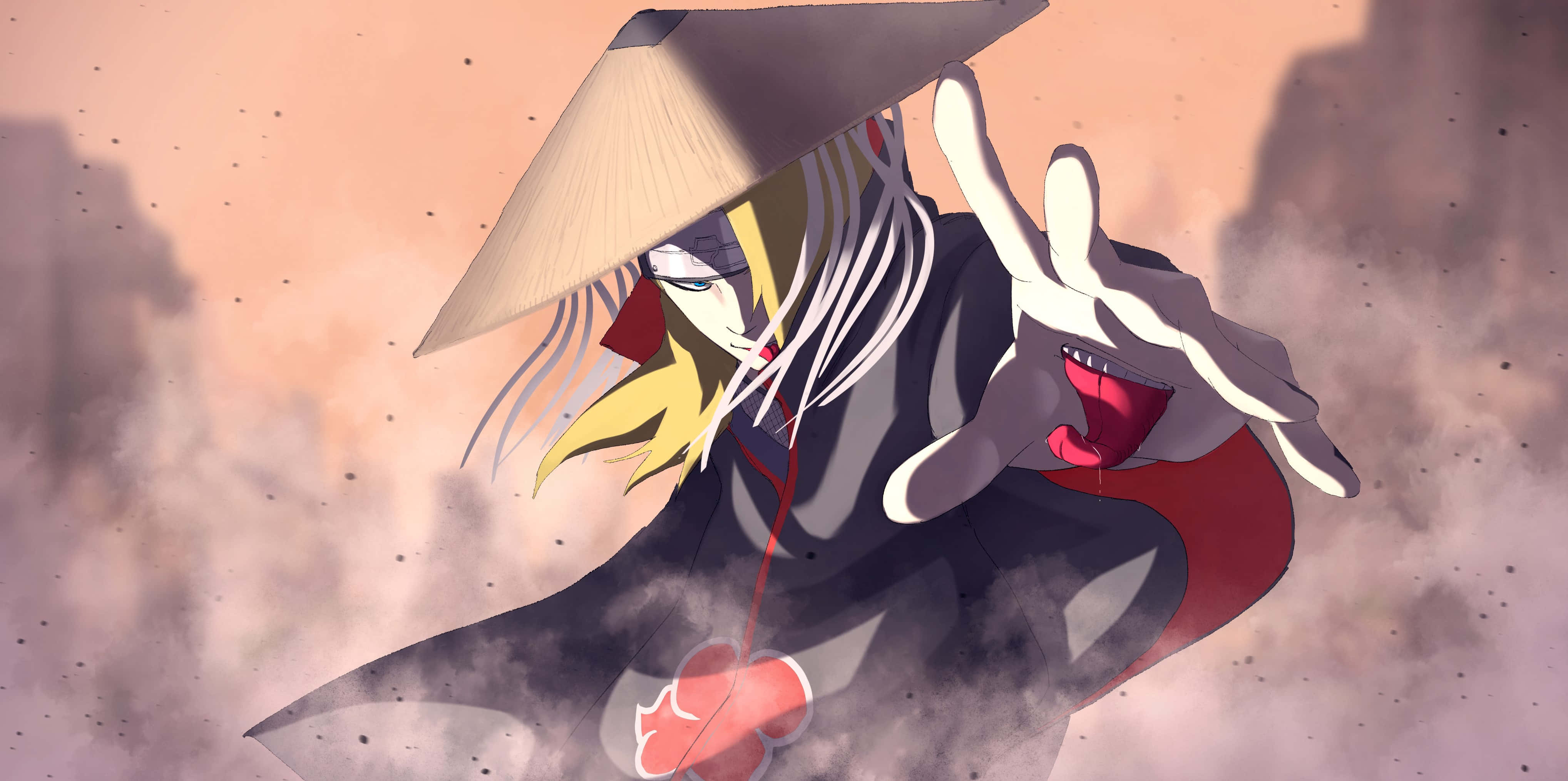 Akatsuki X Deidara 桌布 壁紙 — 一個白髮戴錐形帽的動漫角色，在塵粉色的天空下擺出動態姿勢。