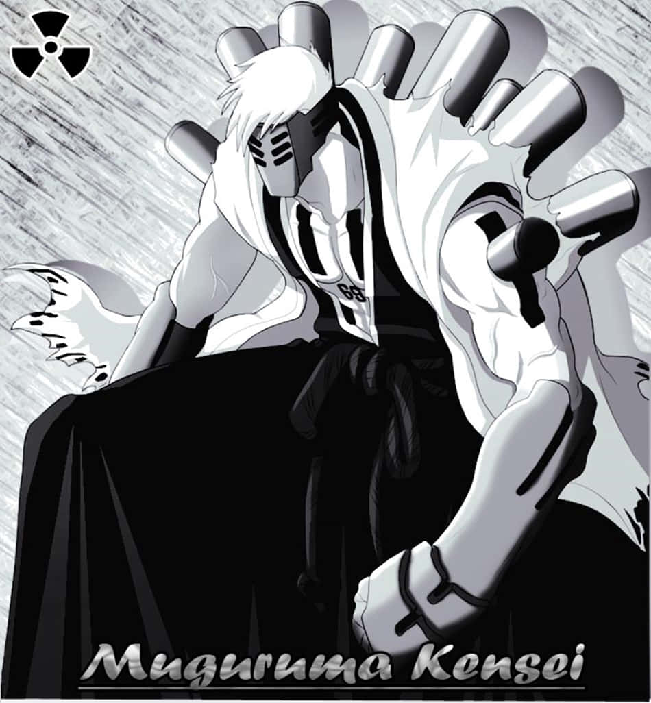 Kensei Muguruma 桌布 壁紙 — 一個白髮戴面具的單色動漫角色以戲劇性的姿勢坐著，身後有一隻巨大的金屬手若隱若現。