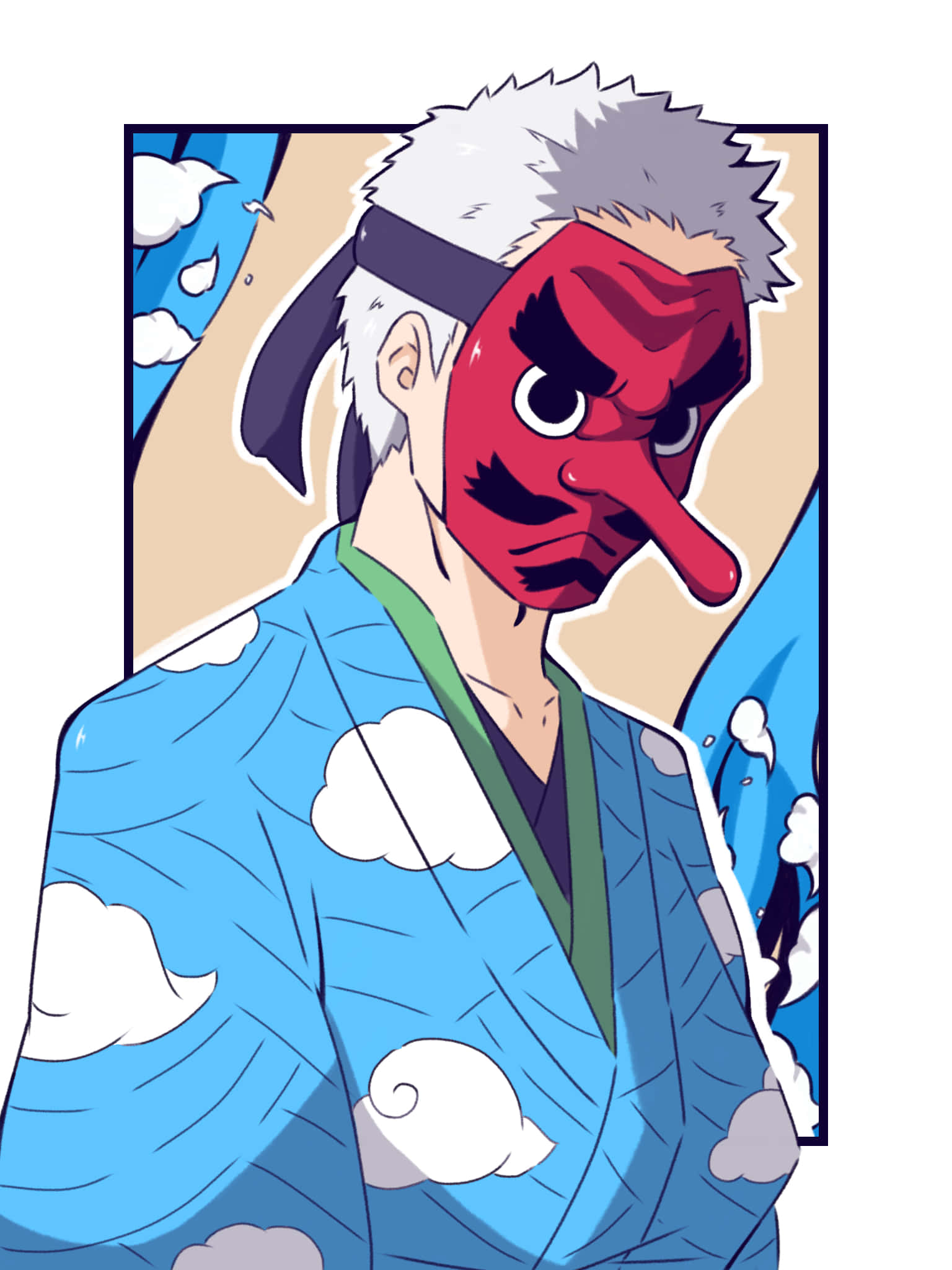 Tengu 桌布 壁紙 — 一個白髮的動漫角色，在風格化的背景前，戴著紅色惡魔面具，穿著藍色雲紋和服。