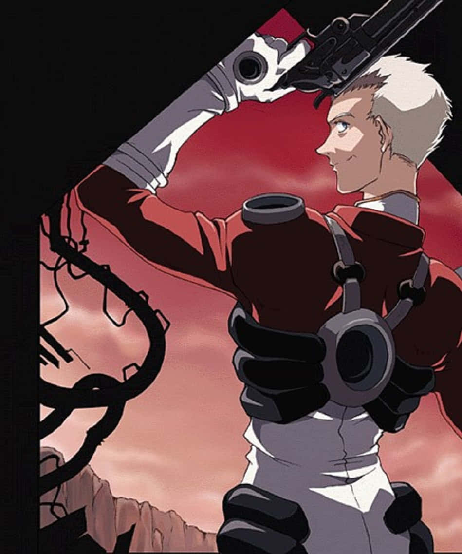 Trigun Millions Knives 桌布 壁紙 — 一個白髮的動漫角色，身穿紅白裝備，在鋸齒狀懸崖下方瞄準火紅的天空舉槍。