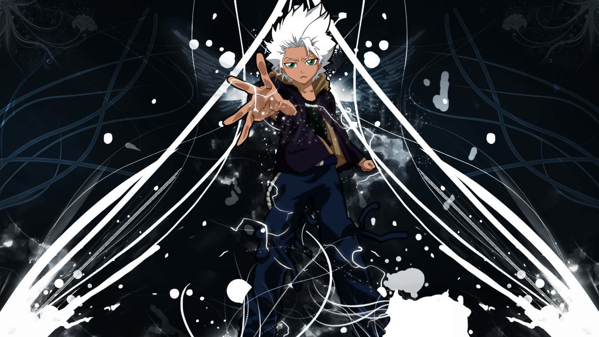 Toshiro Hitsugaya 桌布 壁紙 — 一個白髮的動漫角色穿著深色衣服，伸出手，發光的白色能量在黑色背景上劃過。