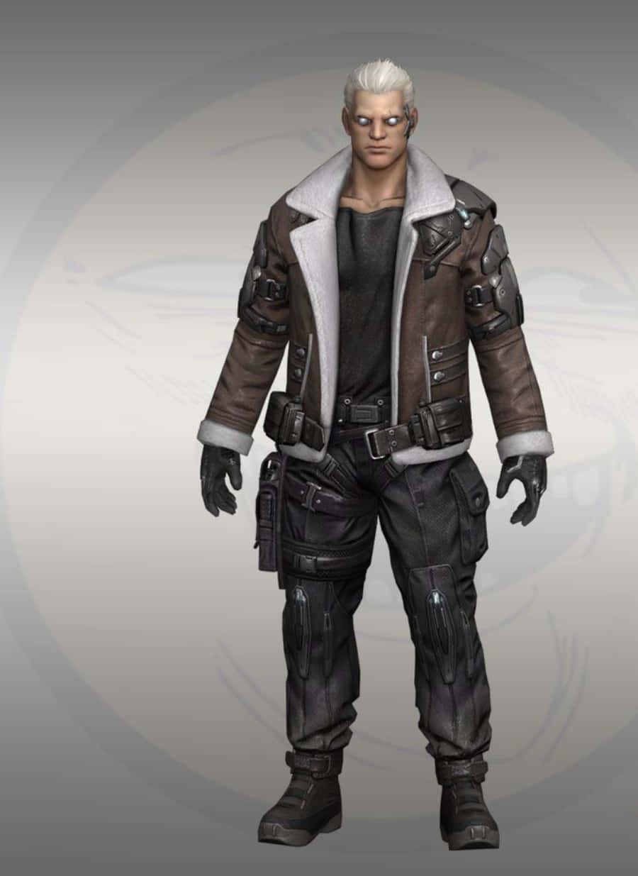 Ghost In The Shell Batou 桌布 壁紙 — 一個白髮的粗獷男性角色，穿著細節豐富的棕色皮夾克和戰術裝備，站在褪色的圓形背景前。