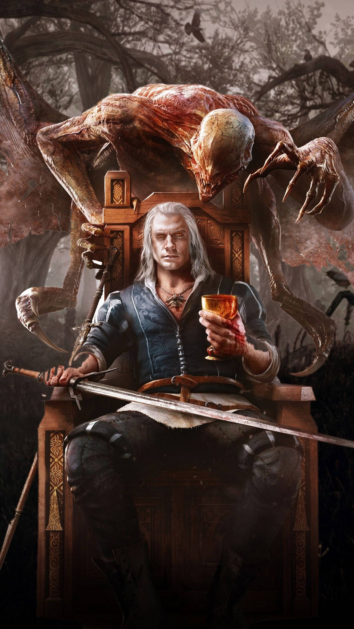 遊戲 桌布 壁紙 — 一個白髮的陰沉戰士坐在王座上，手持一個血淋淋的高腳杯，而一個怪誕的怪物在他身後的黑暗森林中隱現。