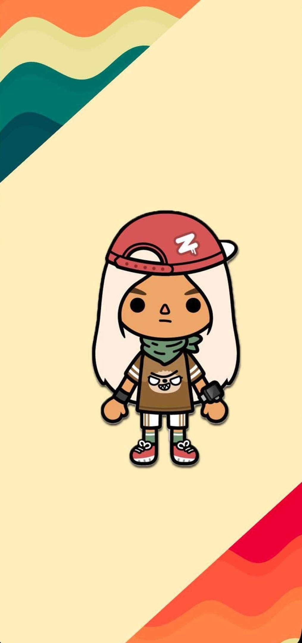 Toca Boca Nari 壁紙 — 一個白髮紅帽的卡通角色站在色彩繽紛的波浪背景前。