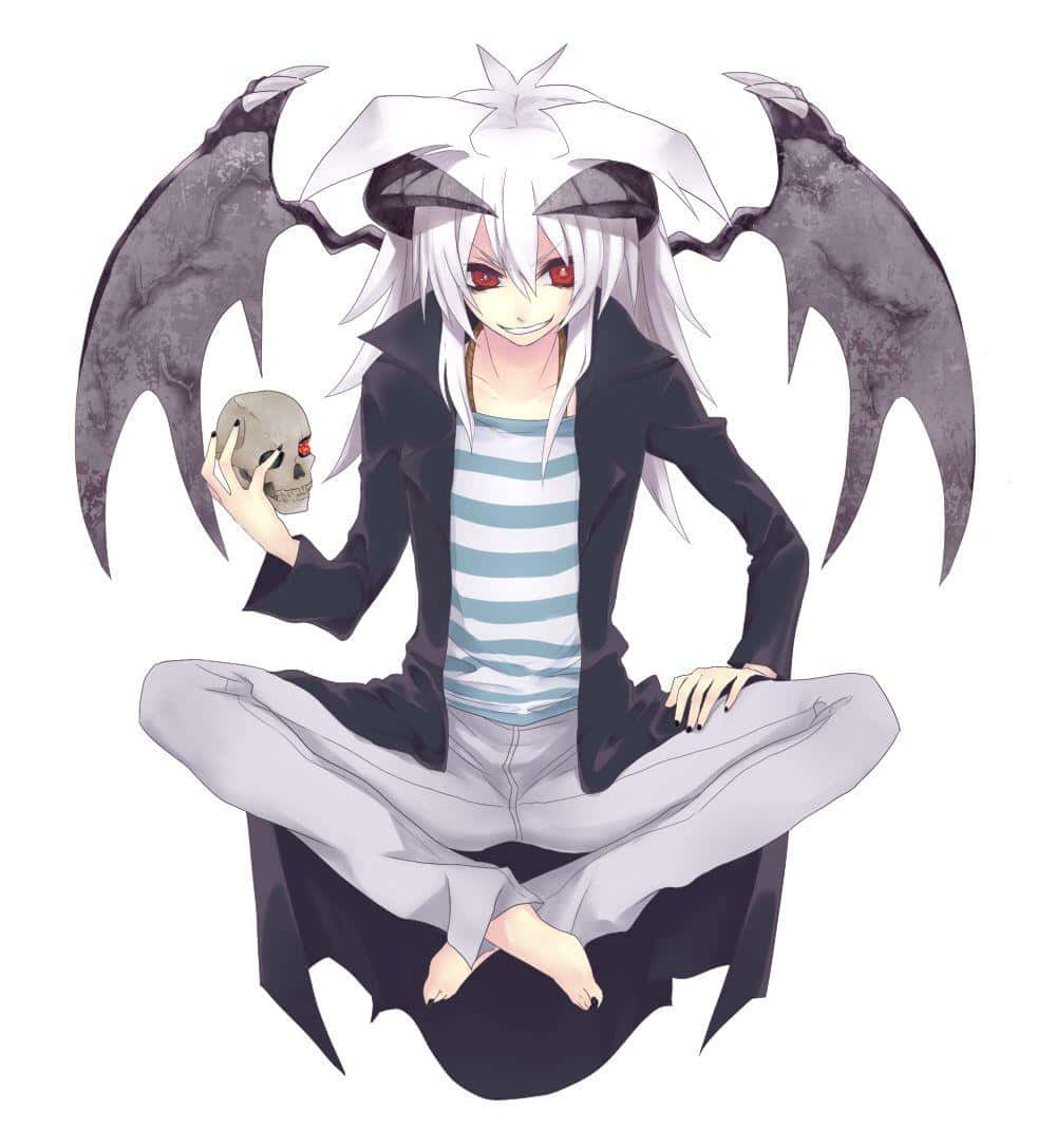 Yami Bakura 桌布 壁紙 — 一個白髮紅眼、擁有蝙蝠翅膀的動漫角色，盤腿而坐，手持一個頭骨，背景為純白色。
