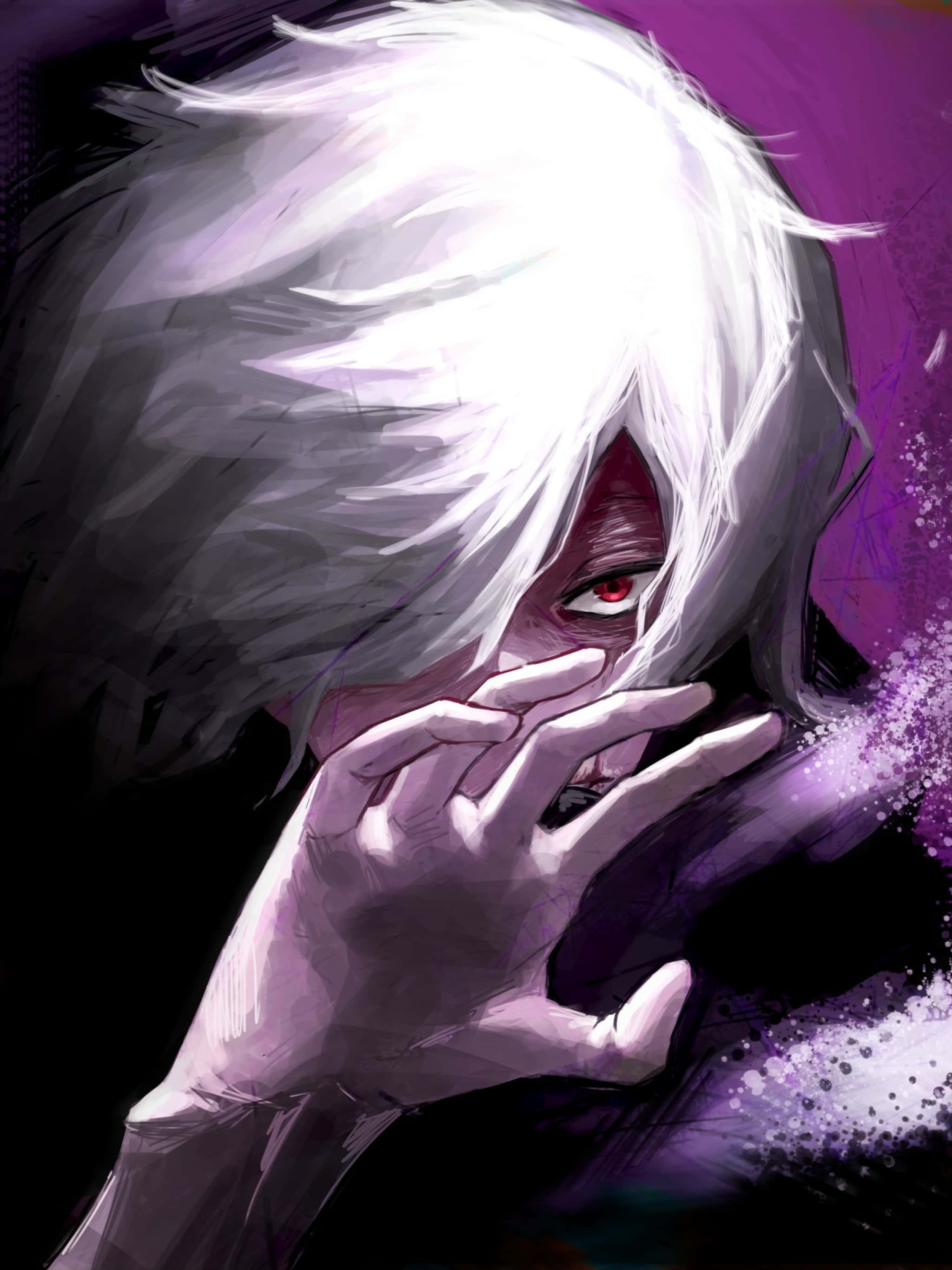 Tomura Shigaraki 桌布 壁紙 — 一個白髮紅眼嘅動漫角色喺充滿活力嘅紫色背景前用手部分遮住塊面。