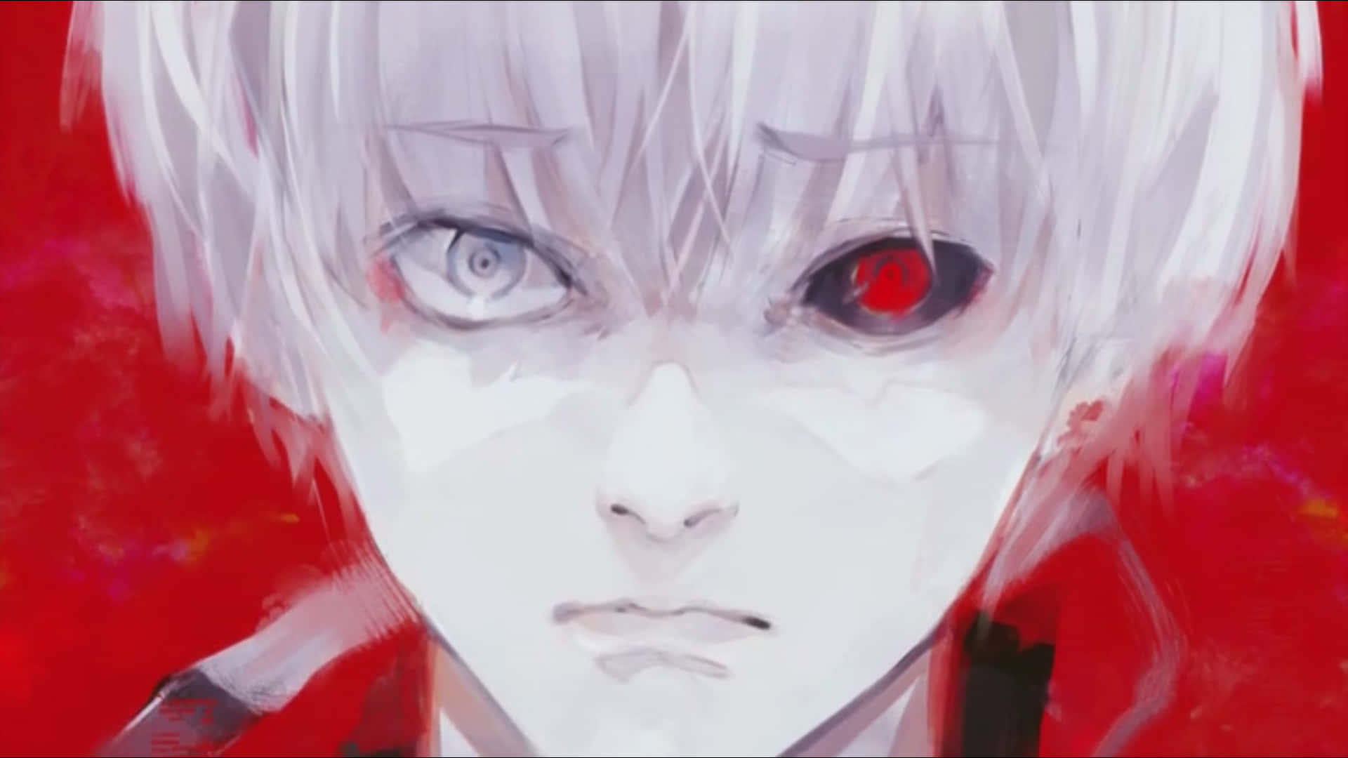 Sui Ishida 桌布 壁紙 — 一個白髮紅眼嘅動漫角色特寫，喺鮮紅色背景前強烈凝視。