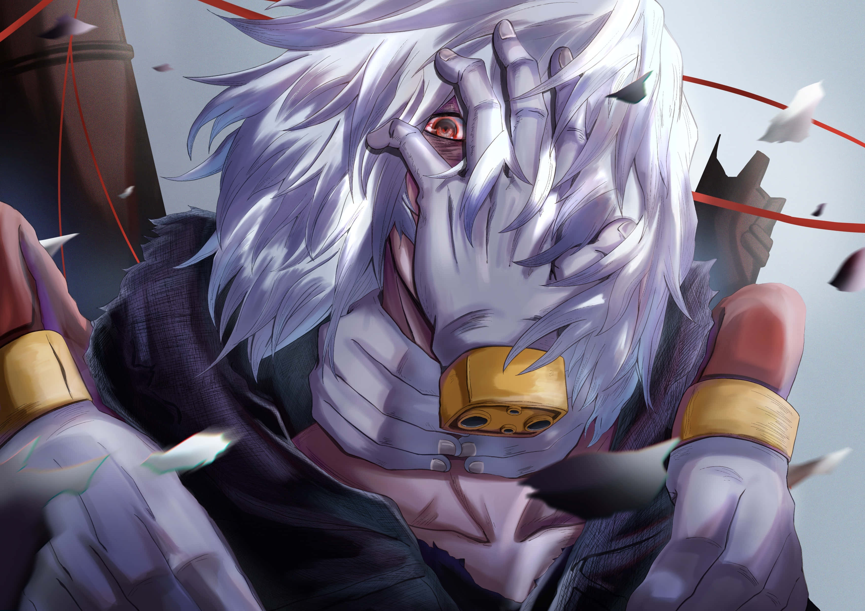 Tomura Shigaraki 桌布 壁紙 — 一個白髮紅眼的動漫角色，用戴手套的手遮住半邊臉，碎片在他周圍飛舞。
