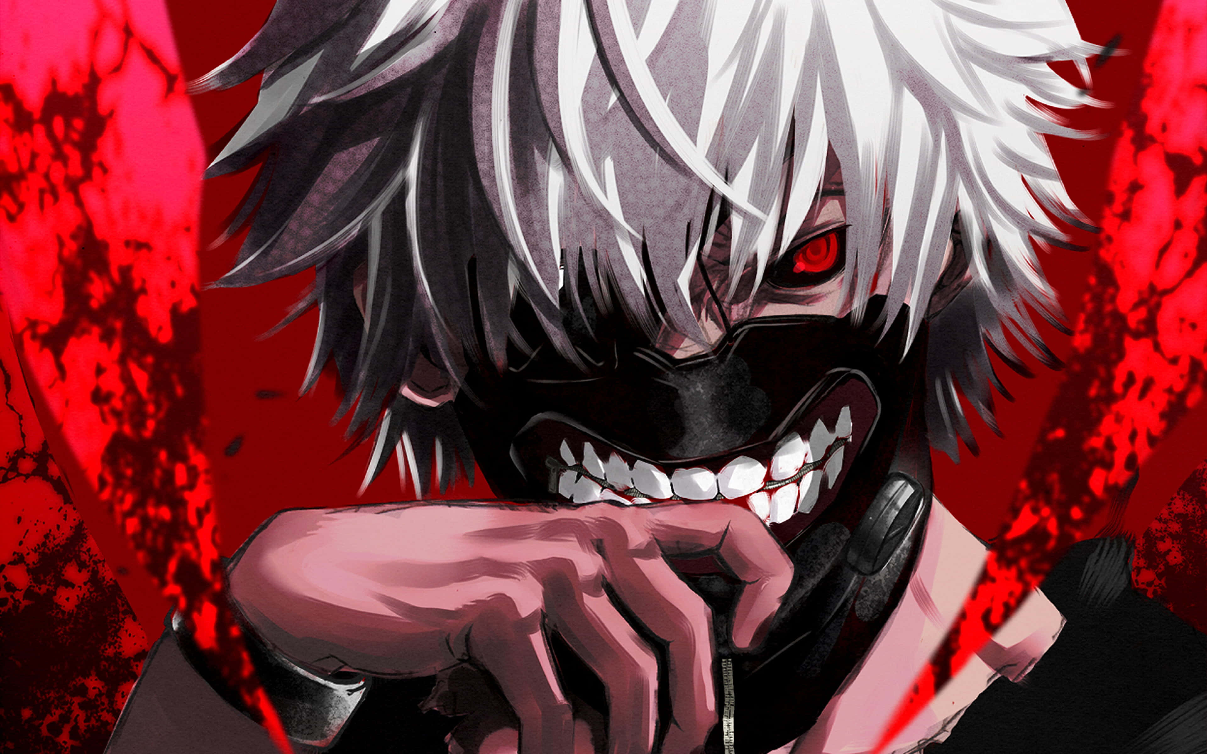 Kaneki's Mask 桌布 壁紙 — 一個白髮紅眼的動漫角色戴著黑色面具，在血跡斑斑的紅色背景上托著下巴。