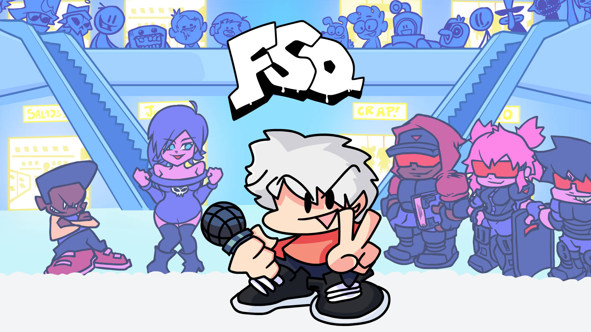 Friday Night Funkin FSQ 壁紙 — 一個白髮紅衫的卡通角色拿著麥克風表演，同時做出和平手勢，被各種動畫角色包圍在藍色調的遊戲機中心場景中。