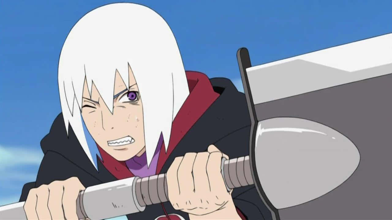 Suigetsu Hozuki 桌布 壁紙 — 一個白髮紫眼嘅動漫角色喺晴朗藍天下握劍。