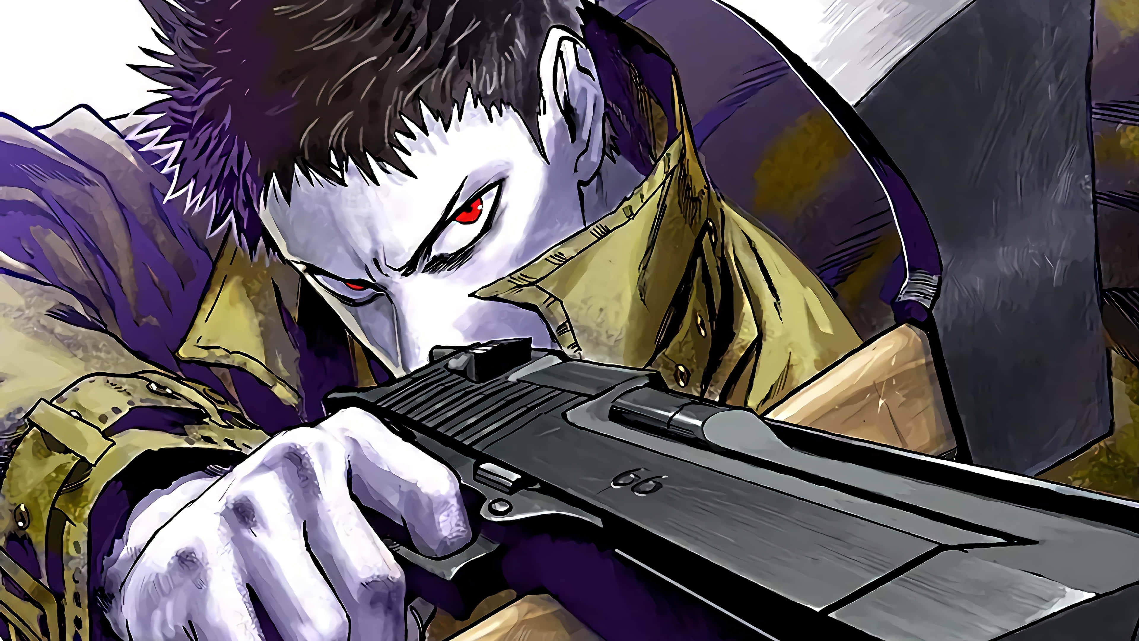 Zombieman 桌布 壁紙 — 一個皮膚白皙、眼睛血紅的兇猛動漫角色，在深紫色背景下全神貫注地瞄準手槍。
