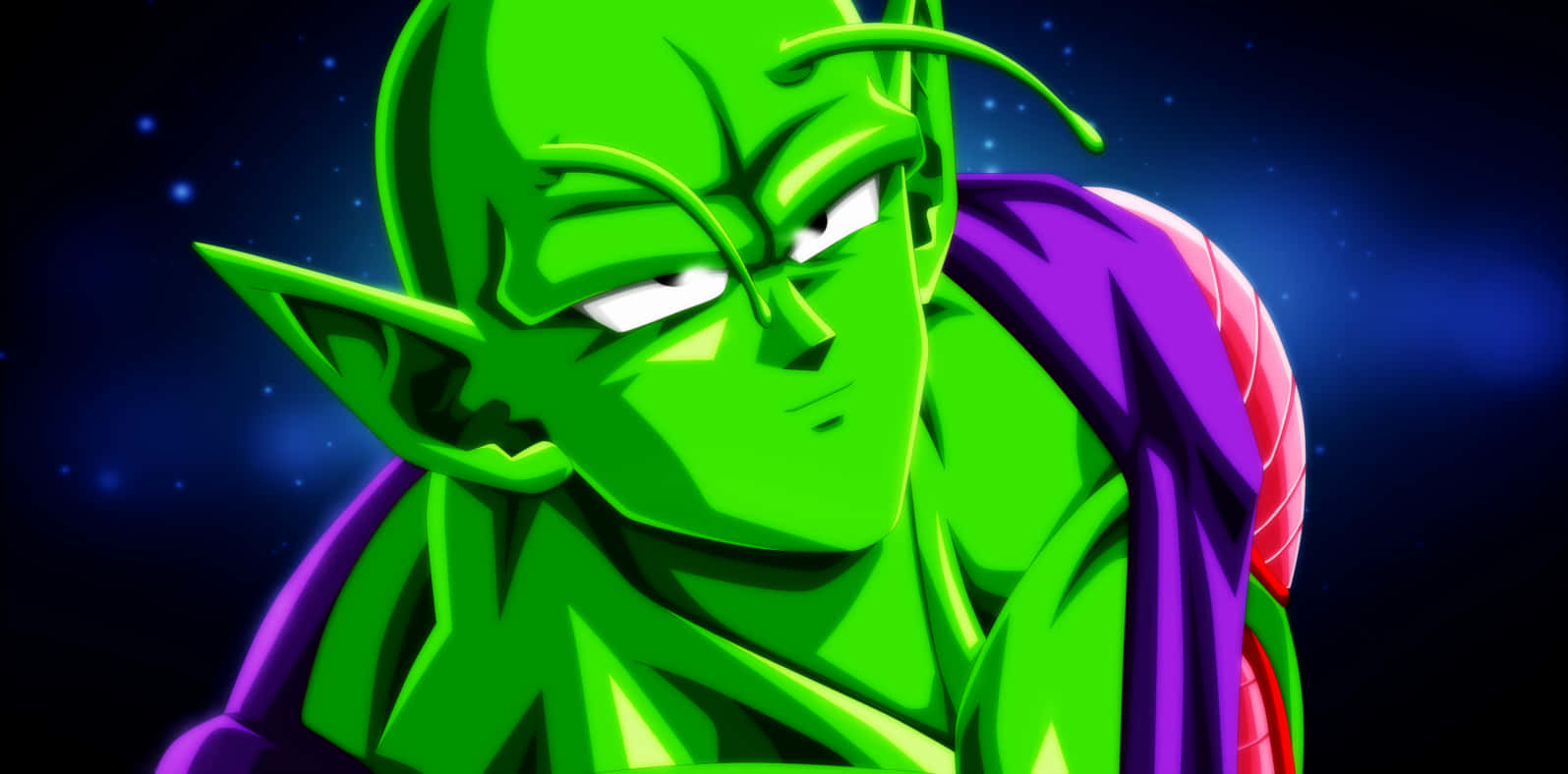 Namek 桌布 壁紙 — 一個皮膚綠色、耳朵尖尖、披著紫色斗篷的兇猛動漫角色，在星光燦爛的宇宙背景下凝視著。