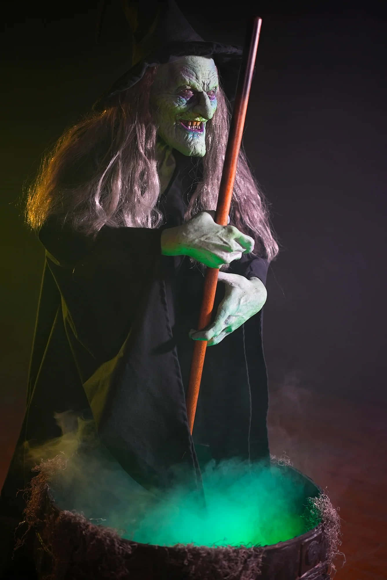 Evil Witch 桌布 壁紙 — 一個皮膚綠色、長髮的怪異女巫，在戲劇性燈光下攪拌著冒泡大鍋中發光的綠色藥水。