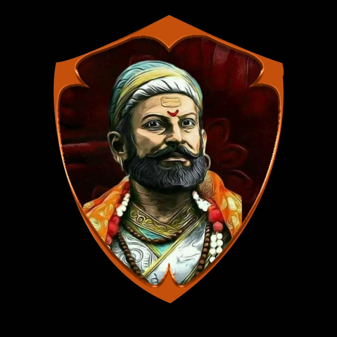 Chhatrapati Shivaji Maharaj 桌布 壁紙 — 一個盾形邊框內，一位留鬍鬚的男子身穿華麗長袍和頭巾的威嚴插圖肖像。