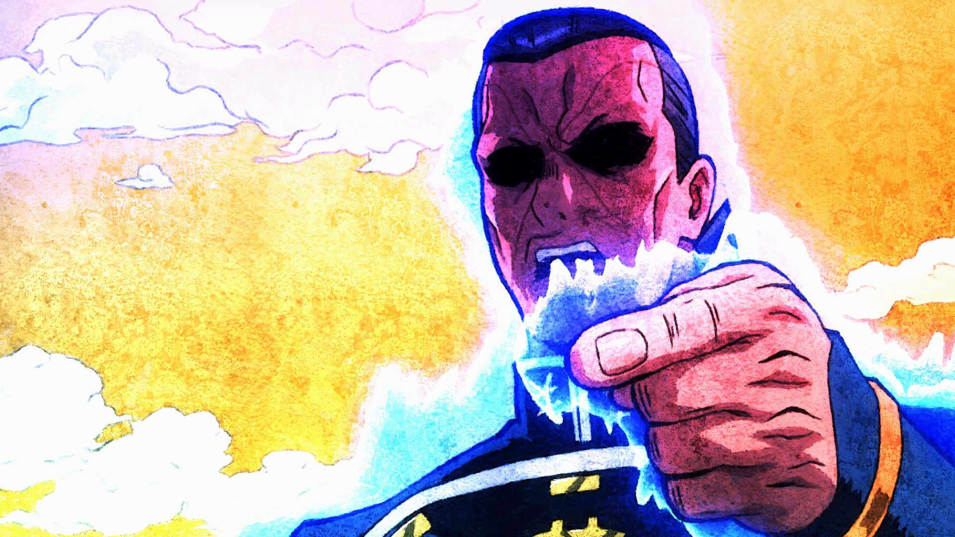 Okuyasu Nijimura 桌布 壁紙 — 一個眼神發光、兇猛的動漫風格男子向前指著，指尖迸發出劈啪作響的藍色能量，背景是熾熱的橙黃色天空。