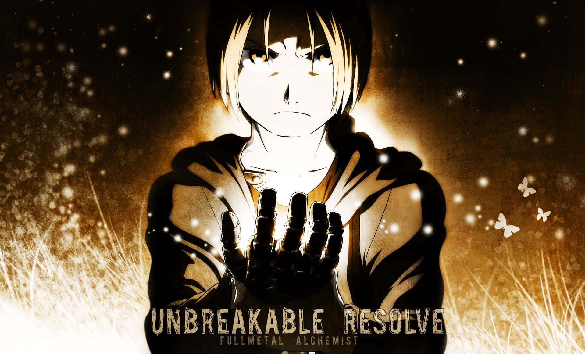 edward elric 桌布 壁紙 — 一個眼神發光、雙手伸出的堅定動漫角色，站在金色閃亮背景前，伴隨著蝴蝶。