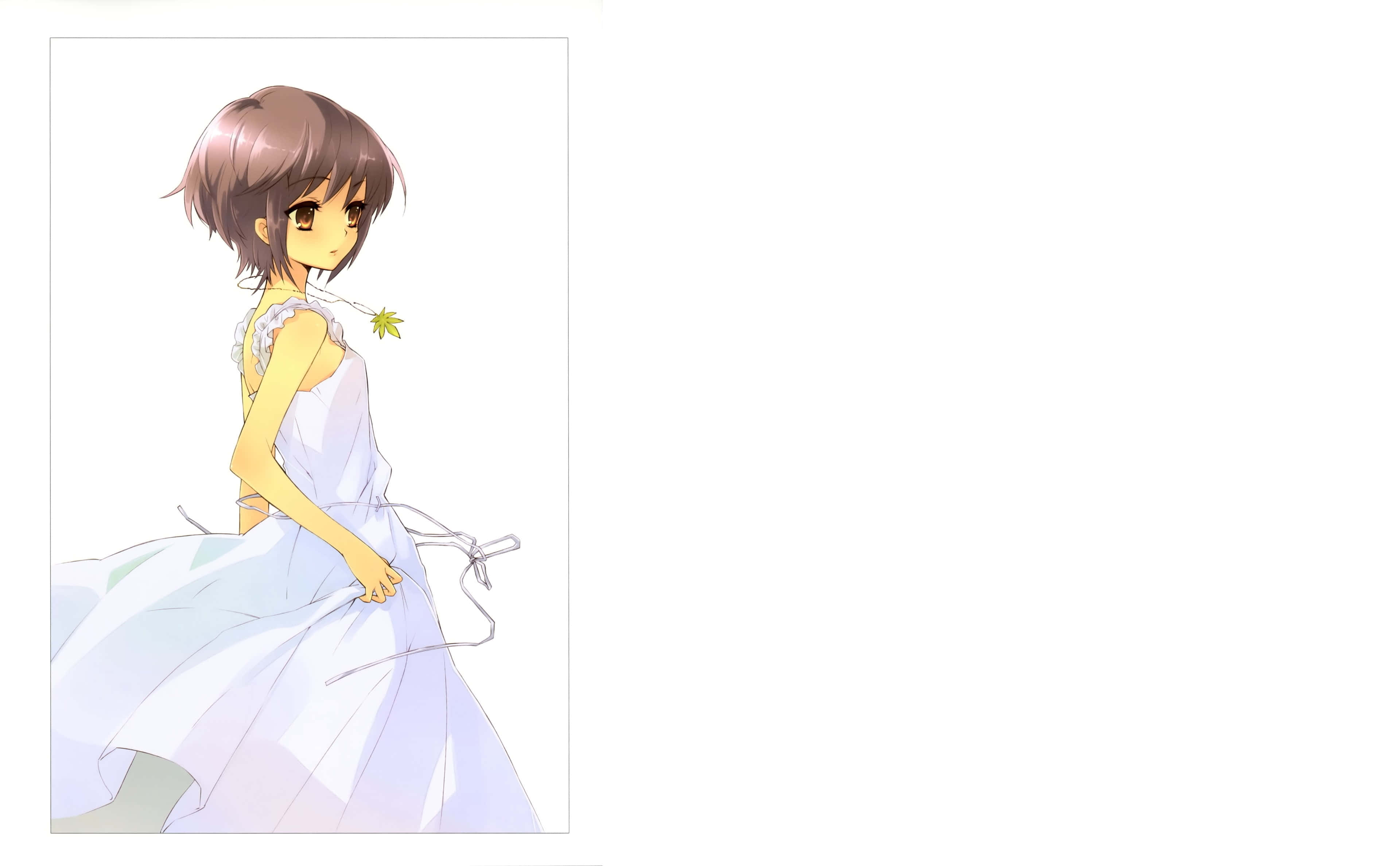Haruhi Sasaki 桌布 壁紙 — 一個短棕髮的年輕動漫女孩穿著飄逸的白色連衣裙，在純白色背景上拿著一朵小黃花。