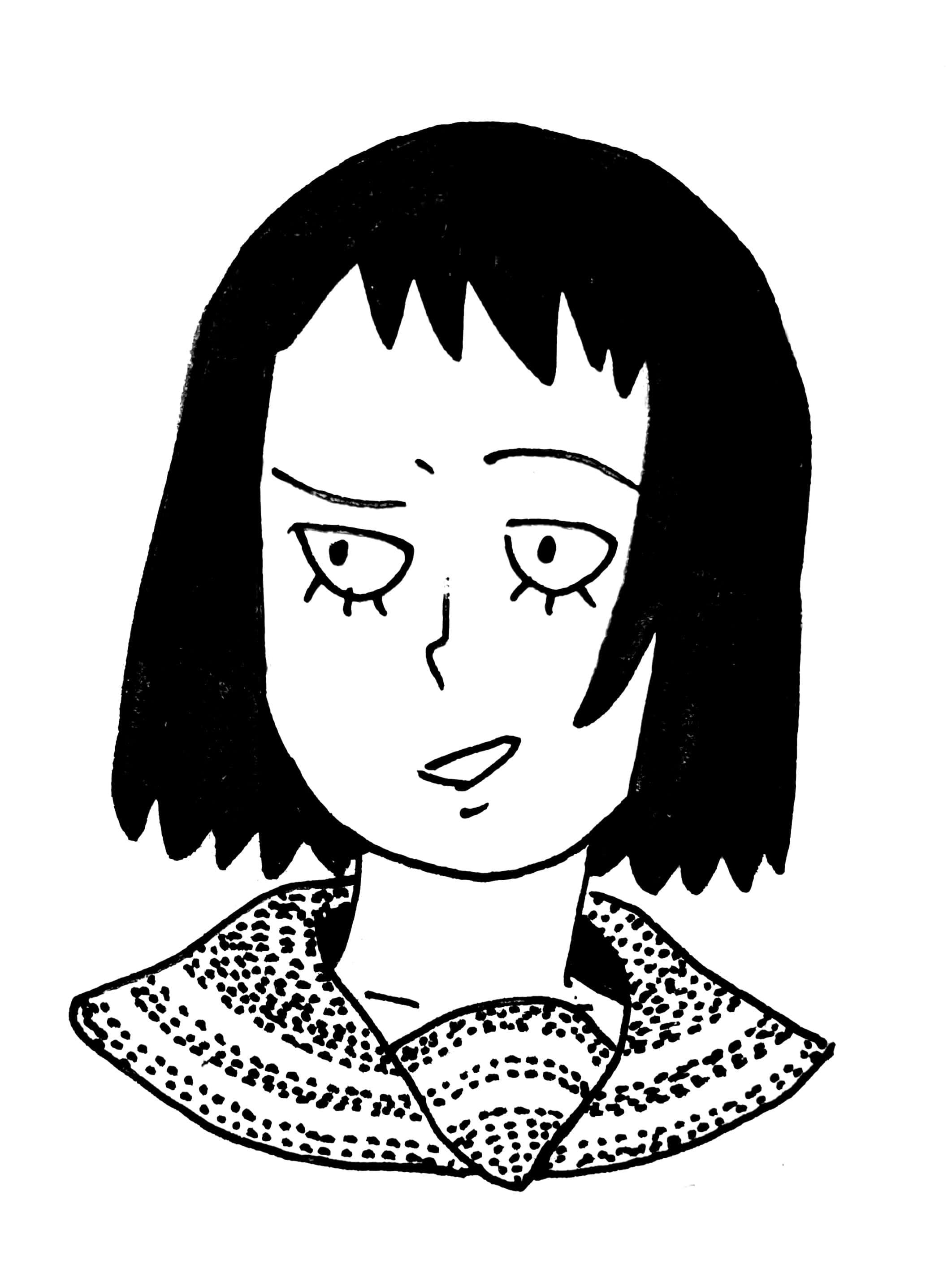 Tome Kurata 桌布 壁紙 — 一個短波波頭、穿著圓點領的女孩的黑白線條畫，看起來有點無聊。