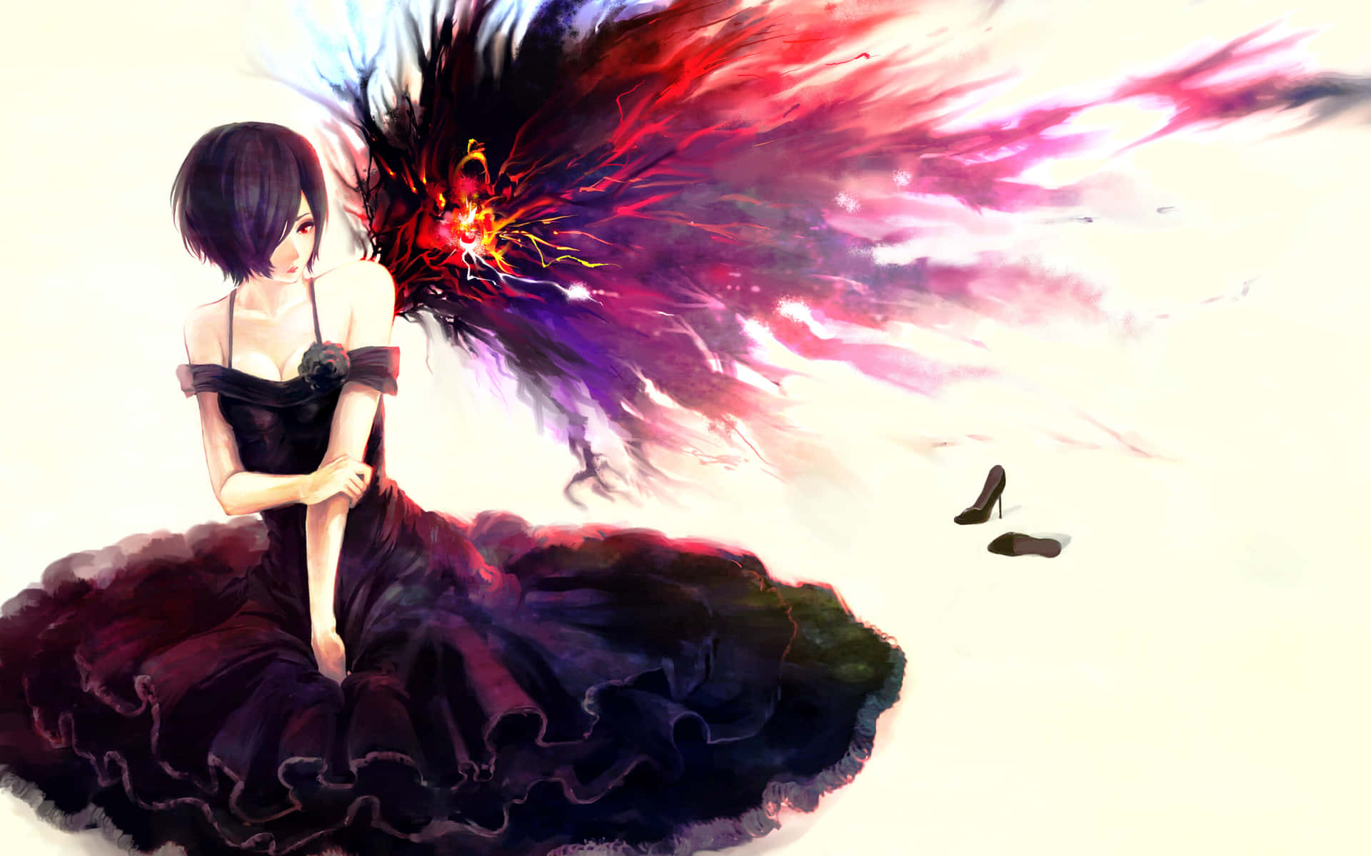 Touka Kirishima 桌布 壁紙 — 一個短髮動漫女孩穿著黑色連衣裙，坐在純色背景前，身後有鮮豔的紅色和紫色能量爆炸。