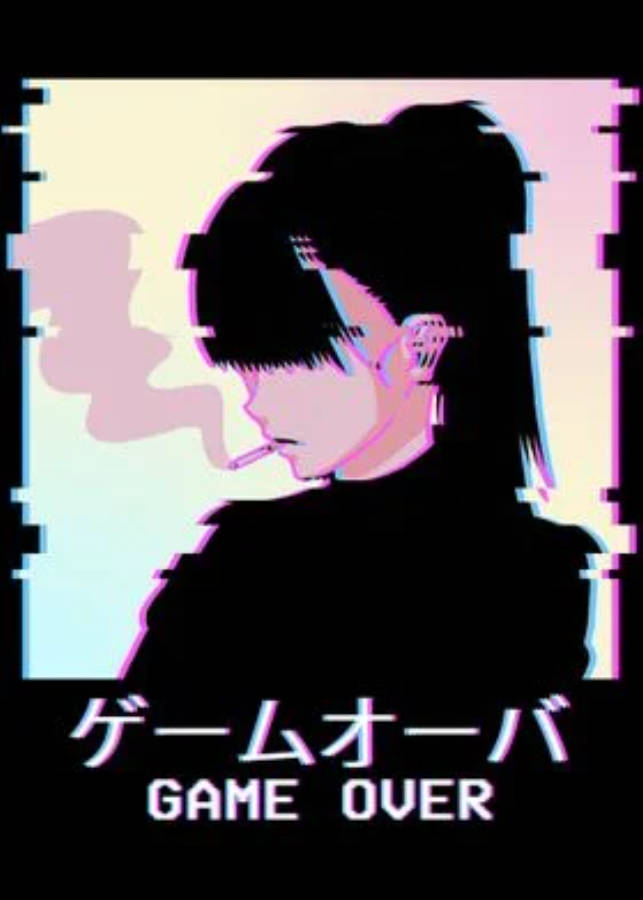 aesthetic sad anime girl 桌布 壁紙 — 一個短髮的故障藝術動漫女孩在帶有日文字句的粉彩漸變背景上吸煙。