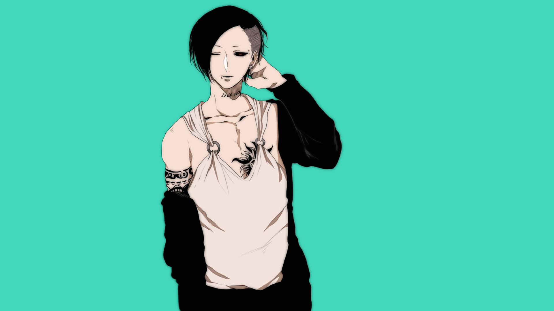 Tokyo Ghoul Uta 桌布 壁紙 — 一個短黑髮、有紋身的動漫風格角色，在純色青綠色背景前擺姿勢。