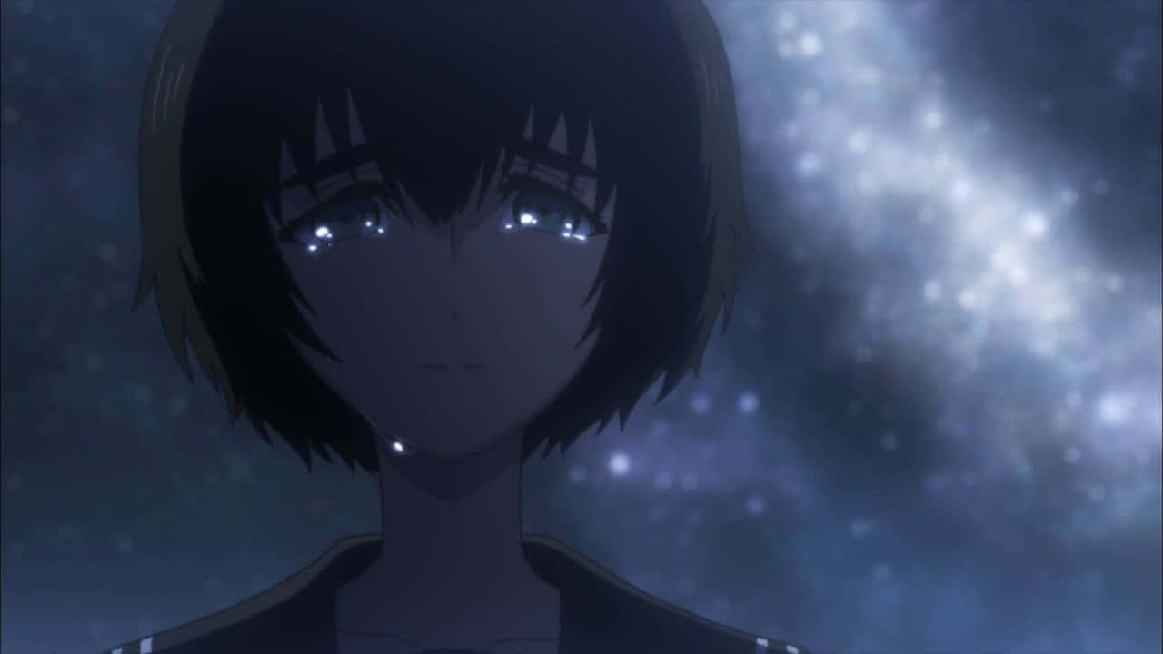Mayuri Shiina 桌布 壁紙 — 一個短黑髮、眼睛發光的動漫女孩特寫，背景是繁星點點的夜空。