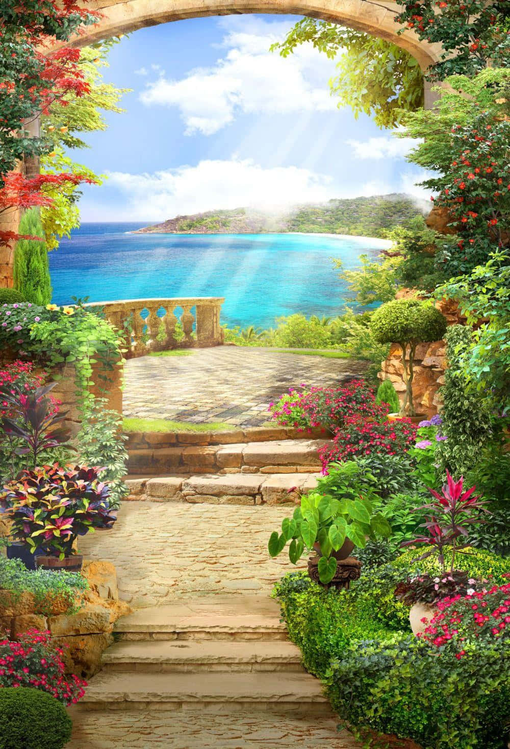 Gardening 桌布 壁紙 — 一個石拱門框住一條陽光普照的花園小徑，通往一片碧綠色的海洋，遠處有山丘，天空湛藍明亮。