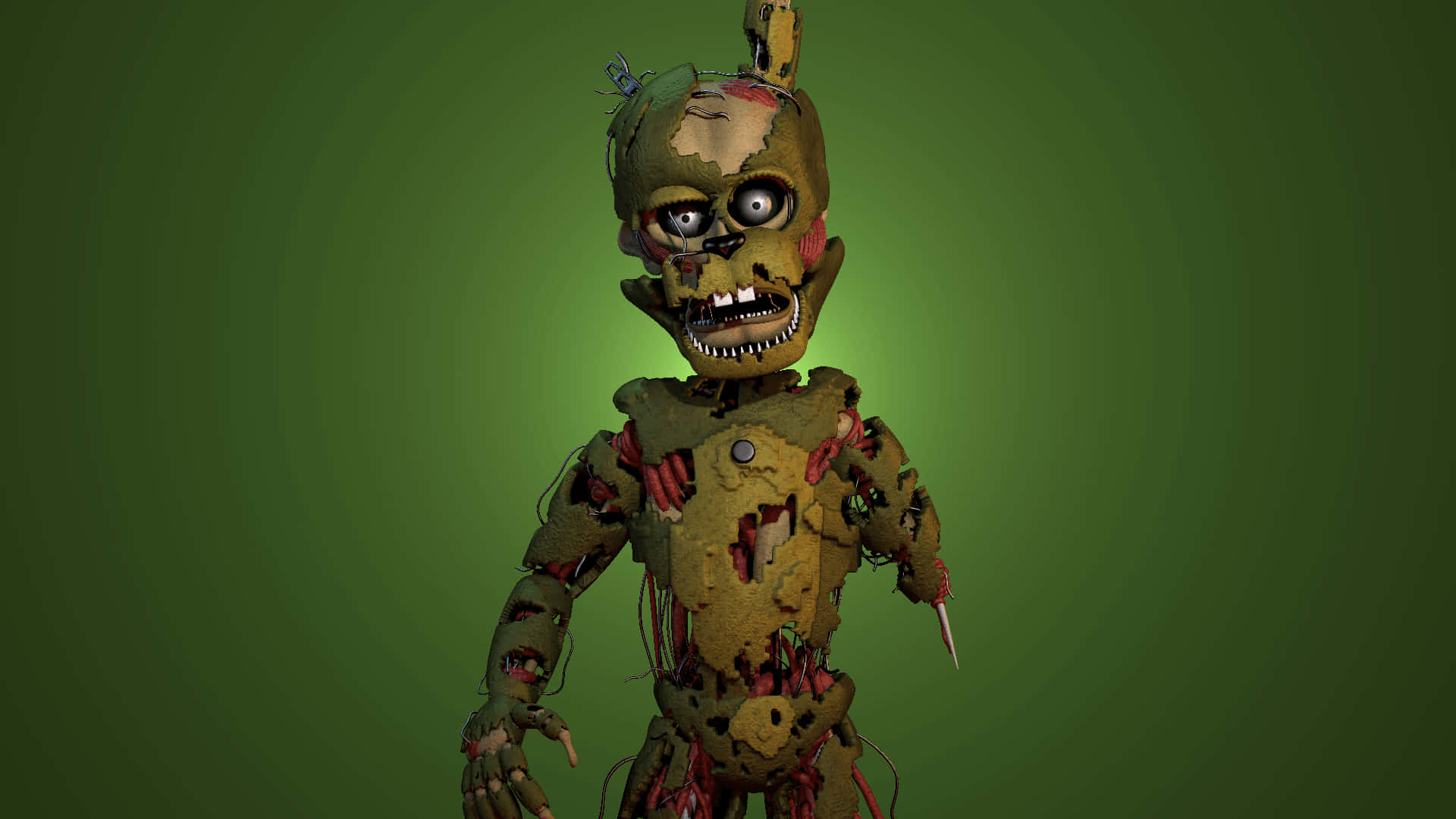 Scraptrap 桌布 壁紙 — 一個破爛的電子動畫角色，露出電線和鋒利的爪子，站在綠色漸變背景前。