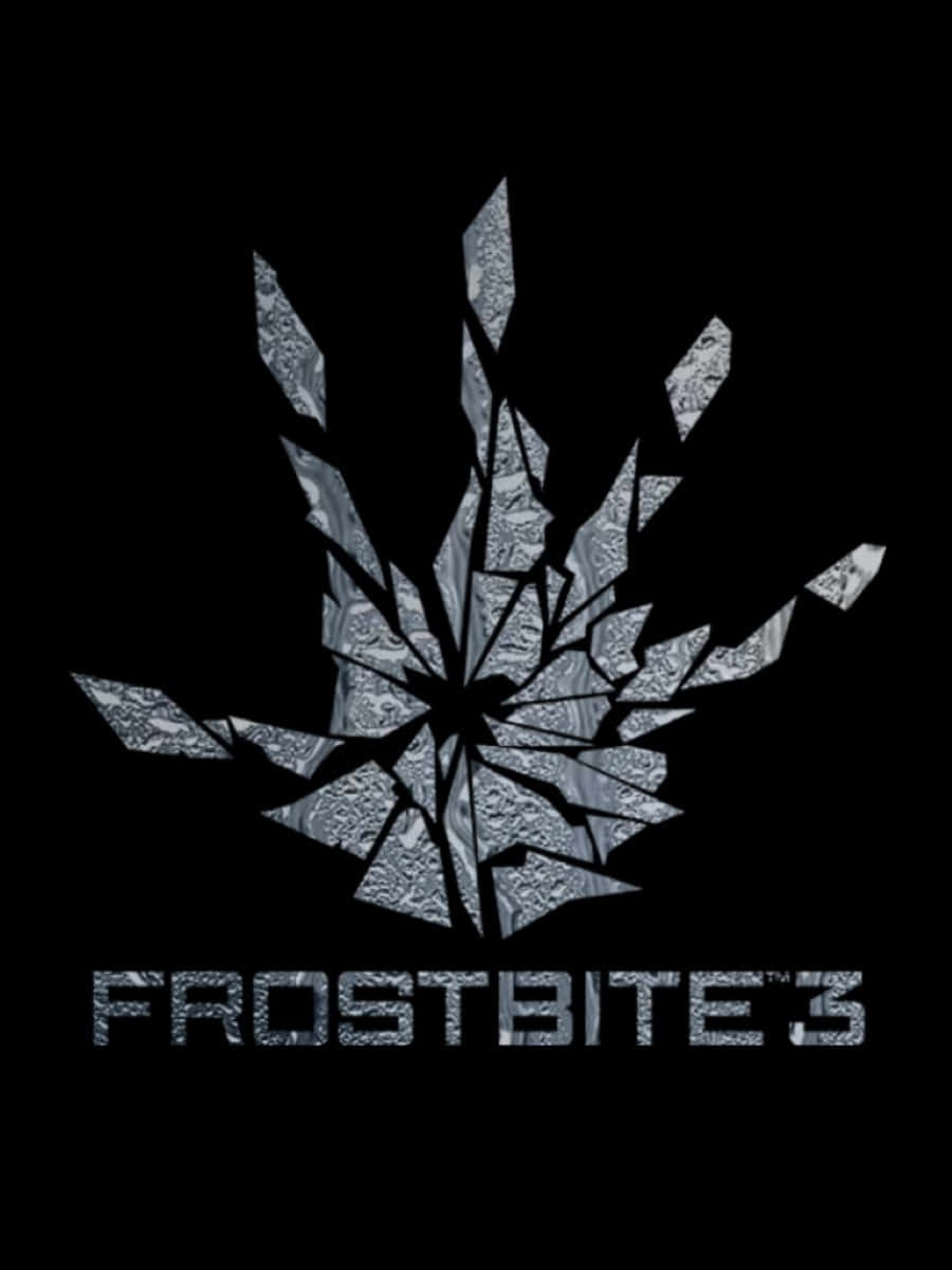 Frostbite 桌布 壁紙 — 一個破碎的冰晶標誌，帶有向外輻射的霜凍圖案，背景為黑色。