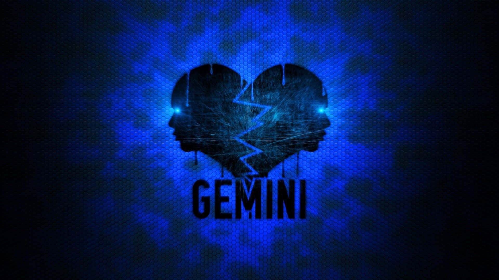 雙子座 桌布 壁紙 — 一個破碎的心形剪影，兩個面對面的輪廓在紋理藍色數位背景上發光，下方有 GEMINI 字樣。