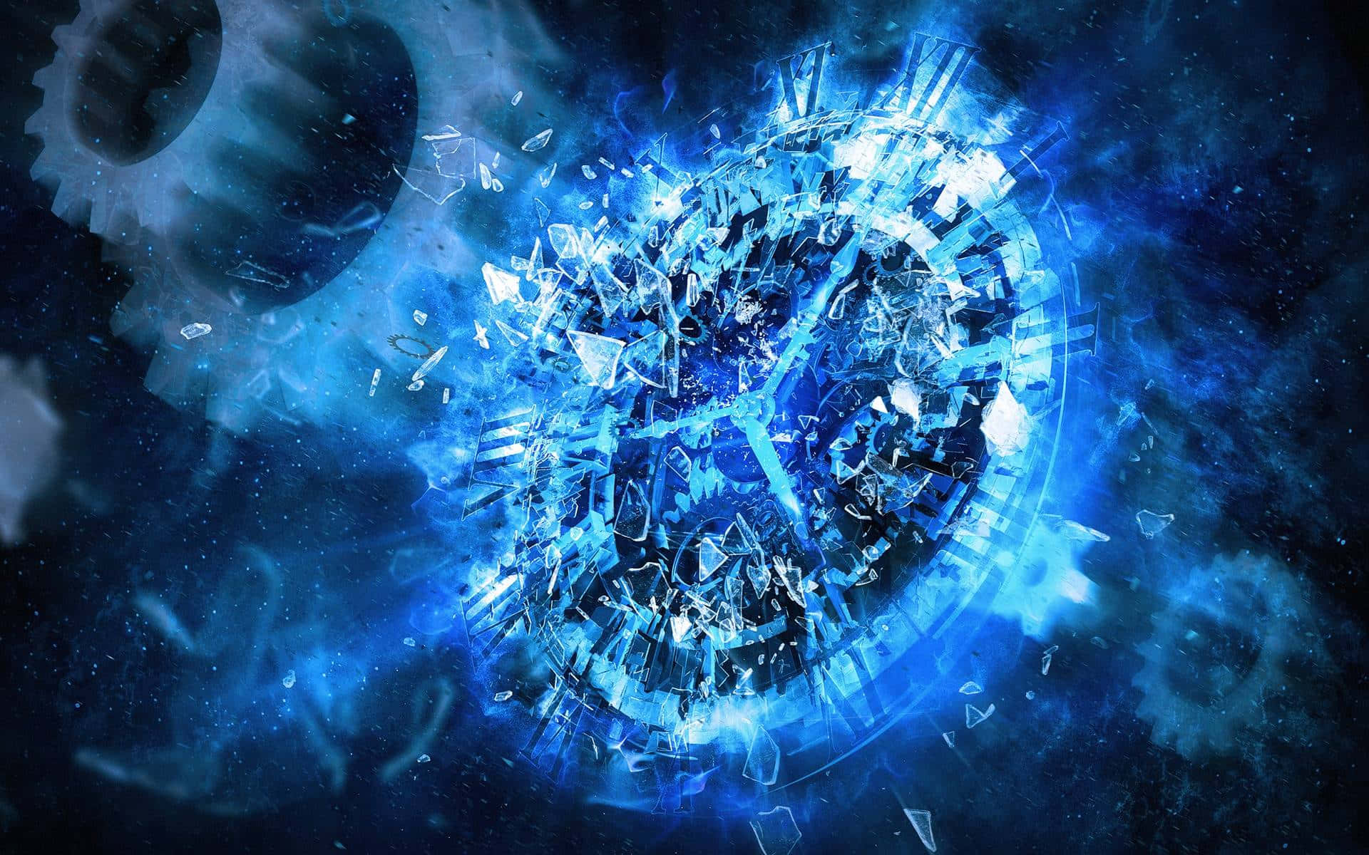 Time 桌布 壁紙 — 一個破碎的水晶齒輪在宇宙黑暗背景下爆發出鮮豔的藍光，周圍漂浮著機械碎片。