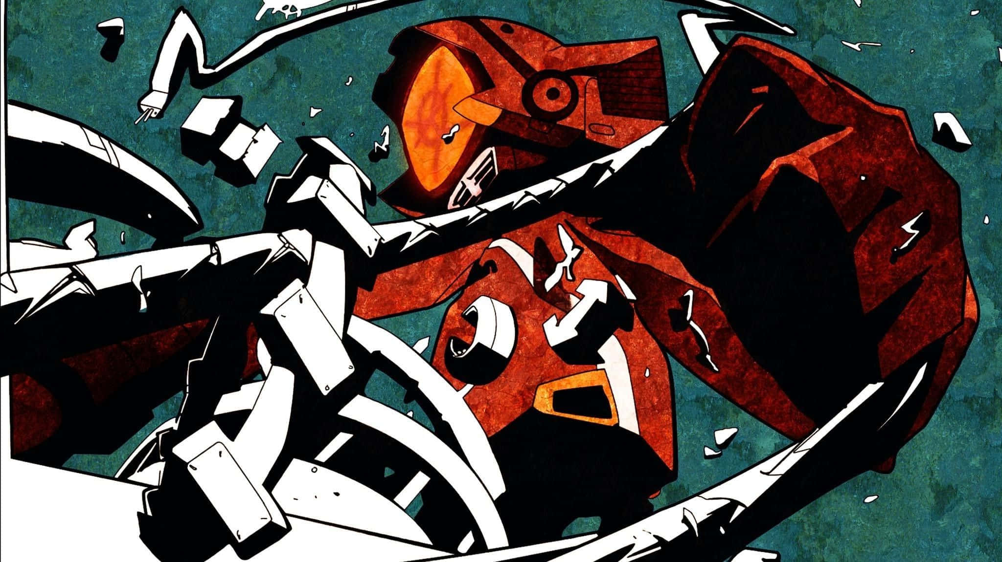 FLCL 壁紙 — 一個破碎的紅白機械人躺在青綠色背景上，碎片飛揚。