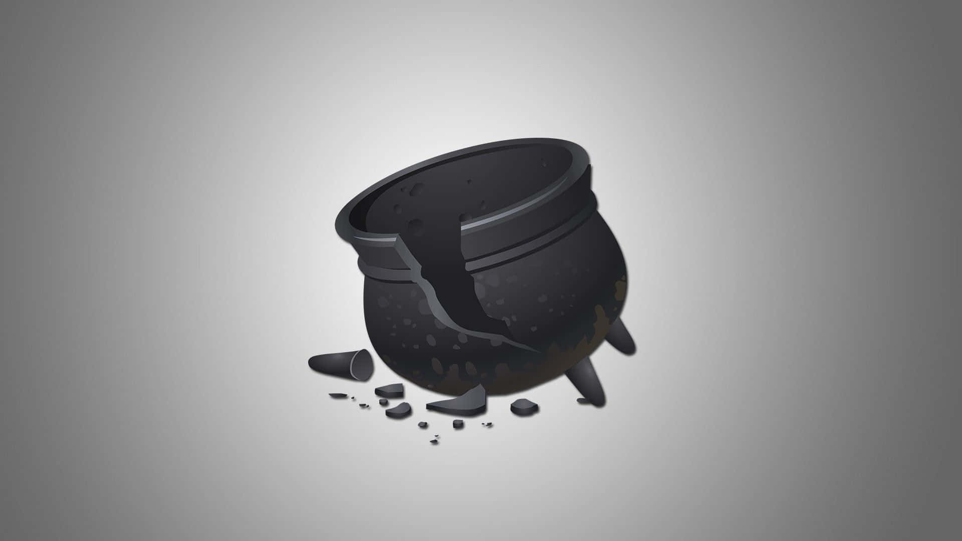 cauldron 桌布 壁紙 — 一個破碎的黑色大鍋，碎片散落在純灰色背景上。