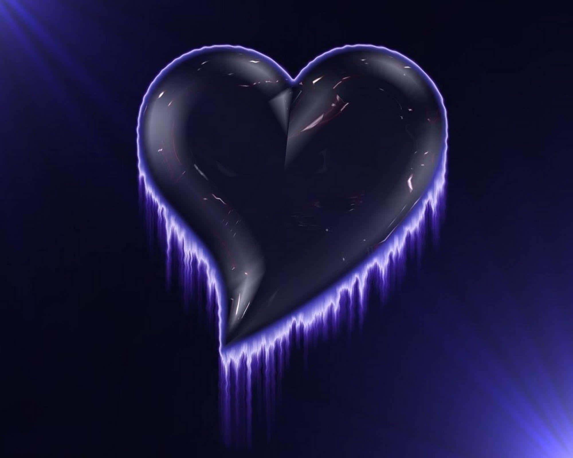 3d Heart 桌布 壁紙 — 一個破碎的黑色心臟，帶有發光的紫色電光邊緣，在深藍色背景上滴落。