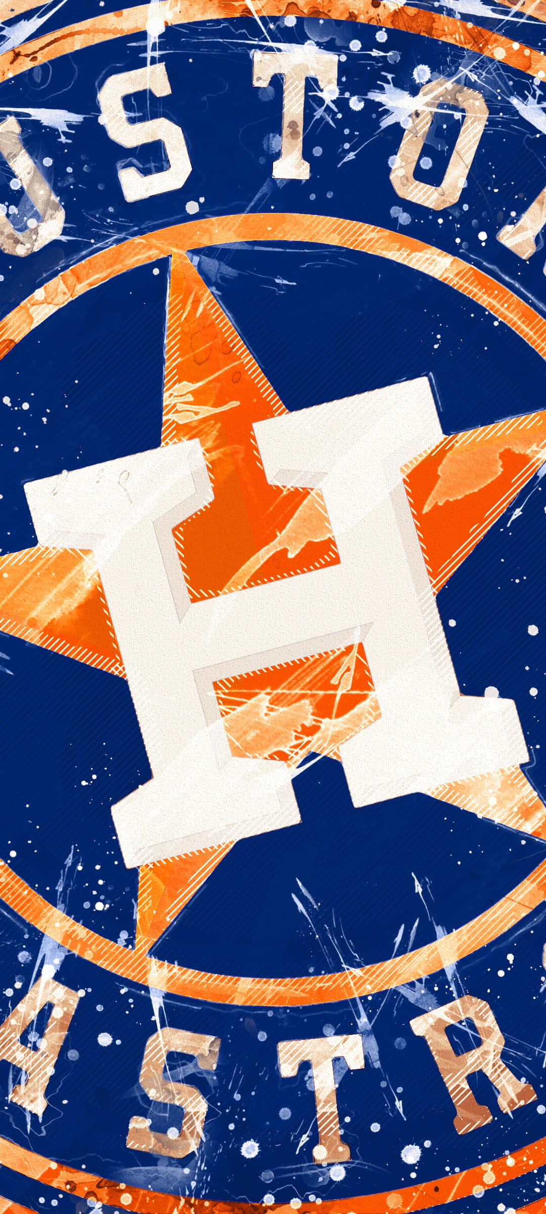 Astros 桌布 壁紙 — 一個破舊的侯斯頓太空人隊標誌，帶有醒目的橙色星星和白色「H」，位於深藍色背景上，並帶有油漆飛濺效果。