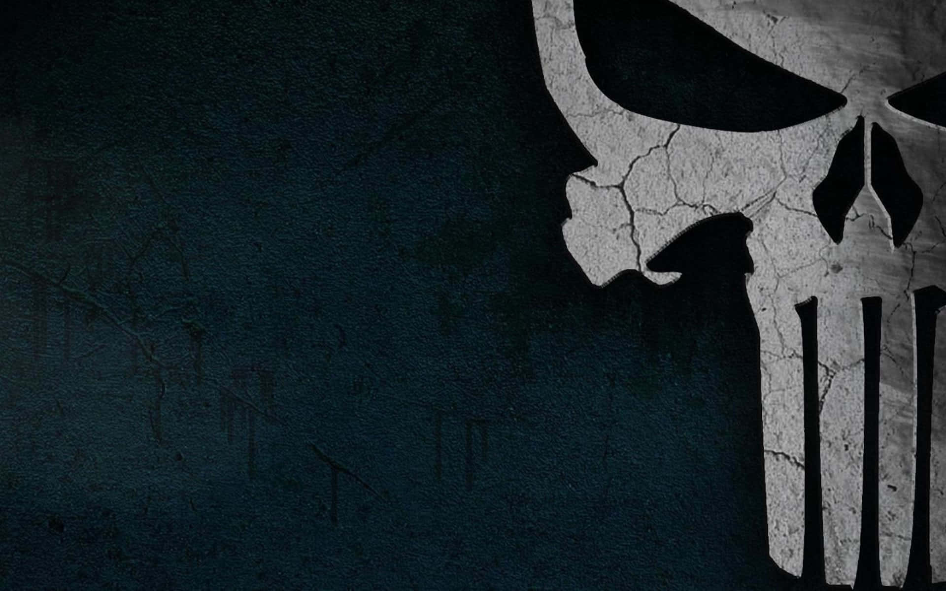 skulls 桌布 壁紙 — 一個破裂的白色骷髏標誌在帶有微弱塗鴉痕跡的深色紋理牆壁上顯得格外突出。
