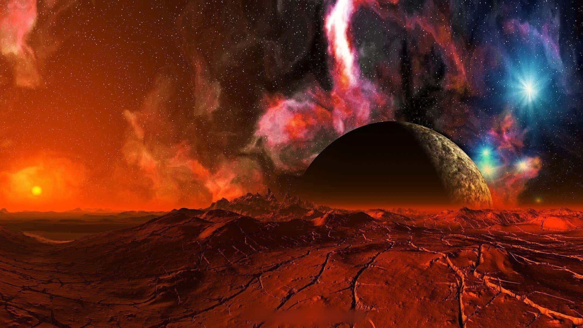 Cool Space 桌布 壁紙 — 一個破裂的紅色外星行星，位於充滿活力的星雲下，伴隨著一顆大衛星和宇宙天空中閃爍的星星。